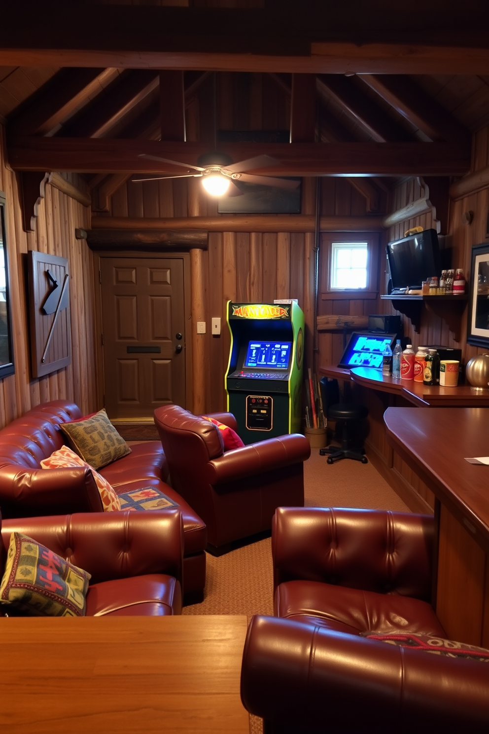 A cozy barn man cave featuring vintage arcade games for entertainment. The space is adorned with rustic wood paneling and comfortable leather seating arranged around a classic arcade machine. Soft warm lighting illuminates the room, enhancing the inviting atmosphere. A wooden bar area stocked with drinks and snacks complements the gaming setup, creating the perfect retreat for relaxation and fun.