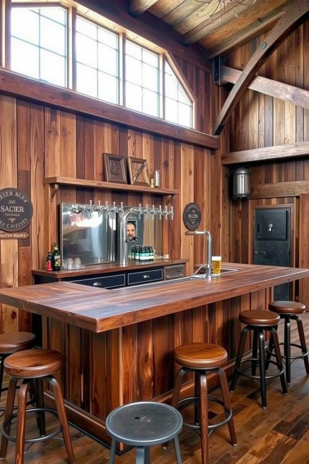 A rustic barn man cave designed for brewing craft beer. The space features a custom-built wooden bar with a craft beer tap system, surrounded by vintage bar stools and reclaimed wood accents.