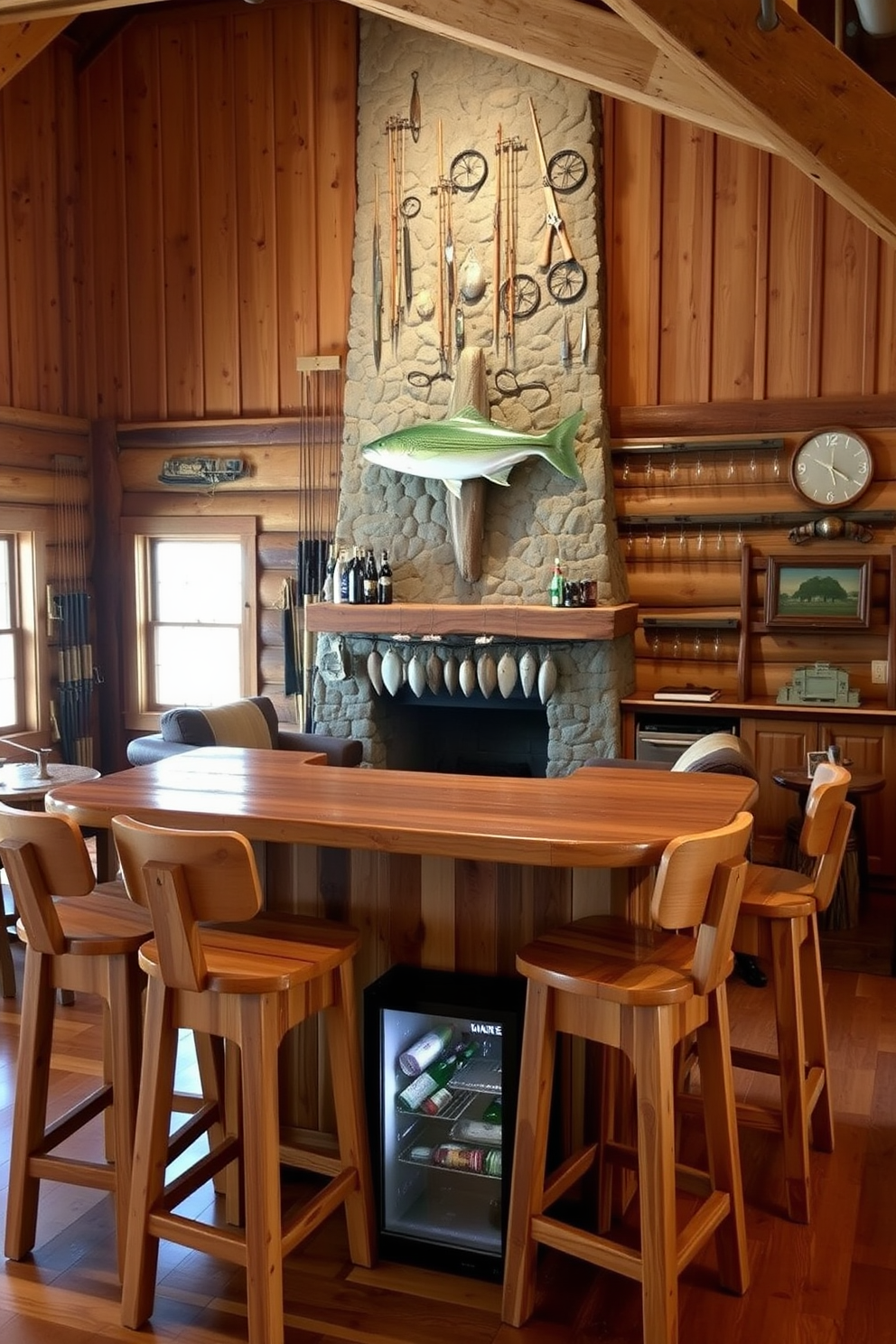 A rustic barn man cave featuring a wooden bar with high stools made of reclaimed wood. The walls are adorned with vintage fishing gear, including rods and lures, creating an inviting atmosphere for outdoor enthusiasts. Cozy seating is arranged around a stone fireplace, with a large mounted fish as a centerpiece. Soft lighting enhances the warm tones of the wood, and a small fridge stocked with beverages is tucked under the bar for convenience.