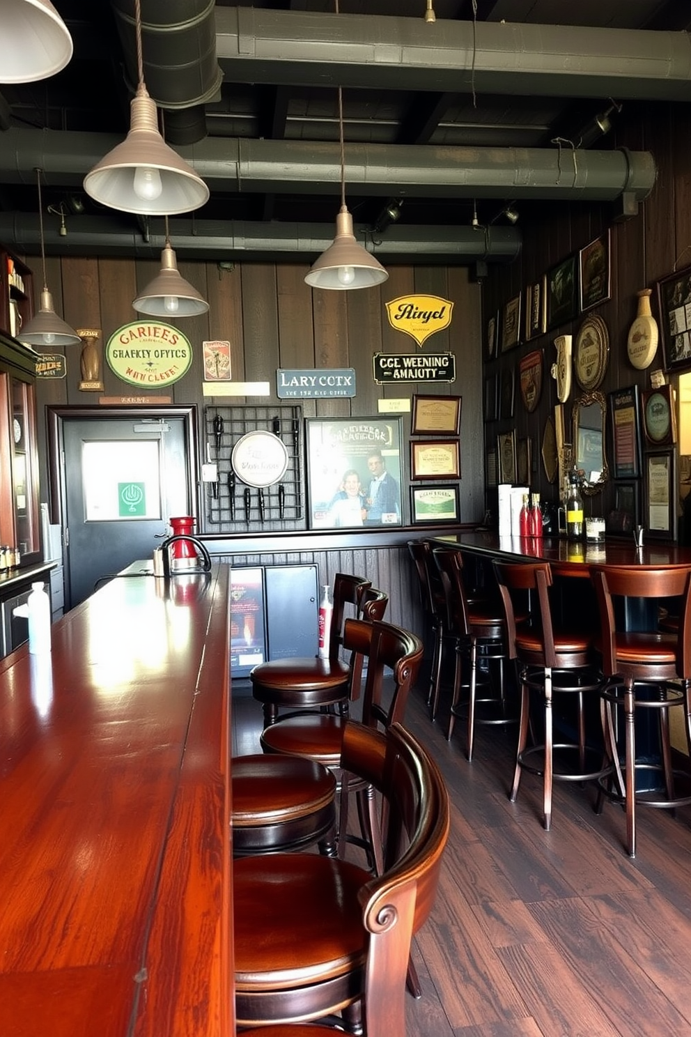 A vintage bar setting featuring polished wooden countertops and high-backed stools. The walls are adorned with rustic signage and memorabilia, creating a cozy man cave atmosphere.