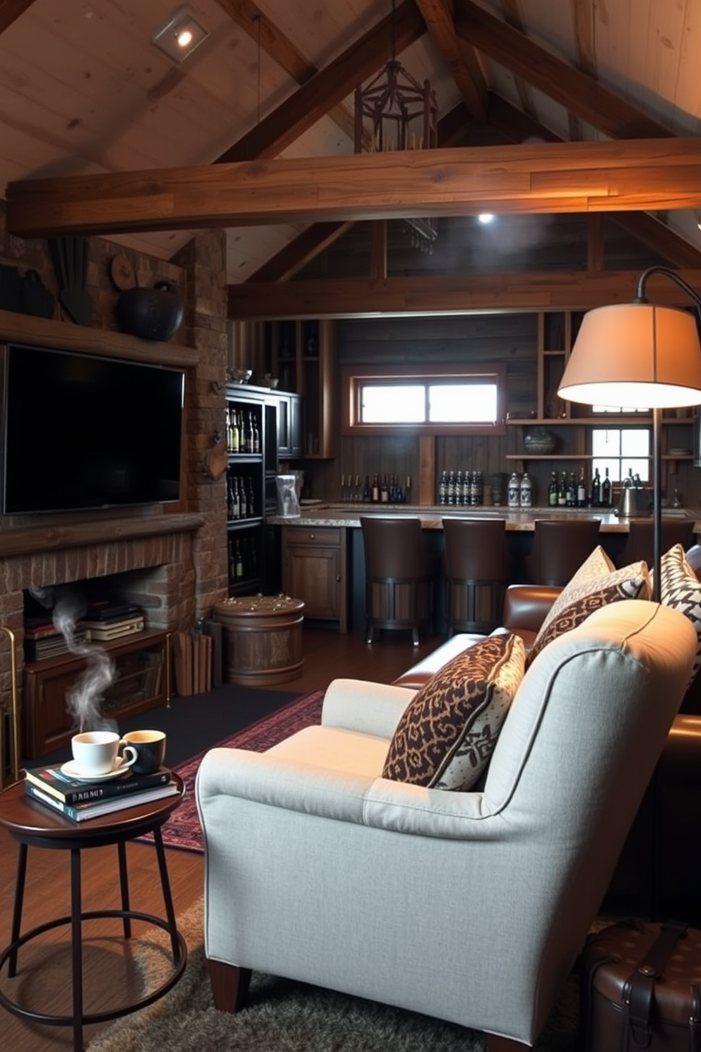 A cozy reading nook featuring a plush armchair upholstered in soft fabric. A small side table holds a stack of books and a steaming cup of tea, while a warm floor lamp casts a gentle glow. A rustic barn man cave designed with reclaimed wood accents and vintage decor. The space includes a comfortable leather sofa, a large flat-screen TV, and a bar area stocked with craft beers.