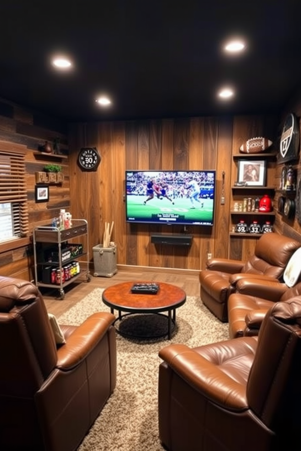 A cozy man cave designed for sports viewing parties features a large wall-mounted TV as the focal point. Surrounding the TV, there are comfortable leather recliners arranged in a semi-circle, perfect for gathering with friends. The walls are adorned with rustic wooden panels, and the floor is covered with a plush area rug that adds warmth to the space. A vintage bar cart sits in one corner, stocked with snacks and beverages, while sports memorabilia decorates the shelves.