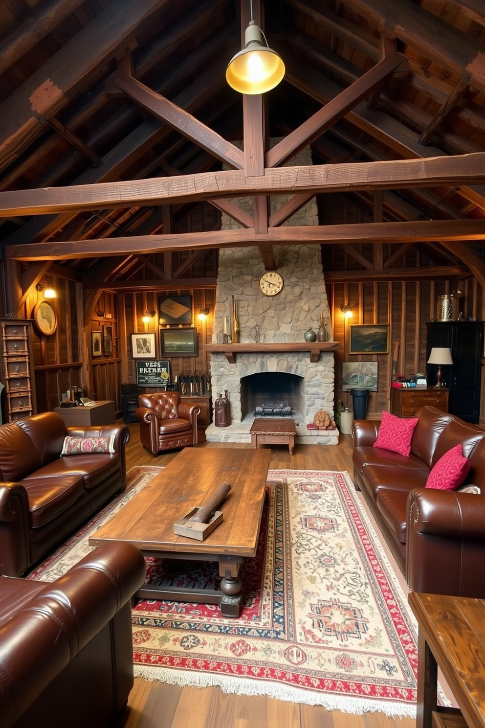 A cozy barn man cave featuring rustic wooden beams and a stone fireplace. The space is adorned with decorative rugs that add warmth and style, creating a comfortable gathering area. The walls are lined with vintage memorabilia and the furniture includes a mix of leather sofas and reclaimed wood tables. Soft lighting fixtures hang from the ceiling, enhancing the inviting atmosphere of the man cave.