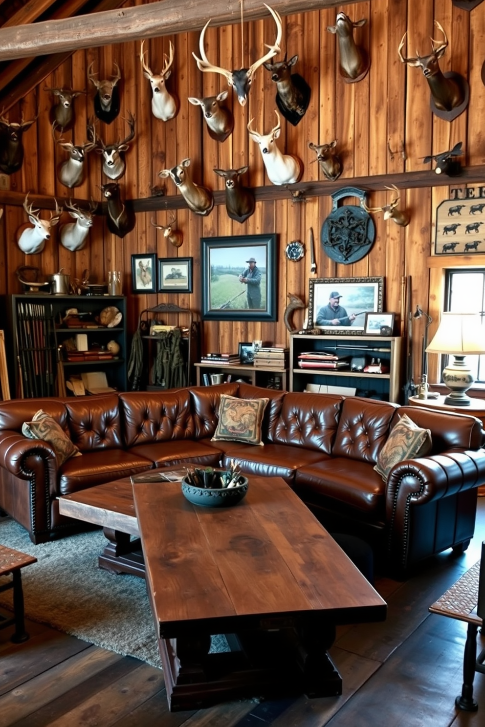 A rustic barn man cave featuring hunting trophies as unique wall decor. The walls are adorned with various mounted animal heads and framed photographs of hunting adventures, creating a warm and inviting atmosphere. The space includes a large leather sofa positioned around a reclaimed wood coffee table. Vintage hunting gear and memorabilia are displayed on shelves, adding character and charm to the room.