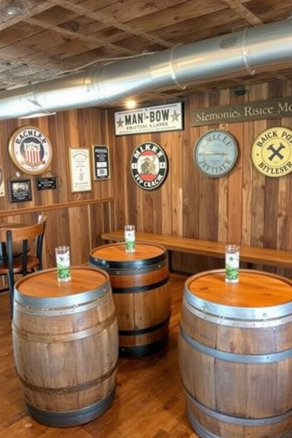 A rustic man cave featuring barrel tables that add a unique charm to the space. The walls are adorned with reclaimed wood, and vintage signage enhances the overall ambiance.