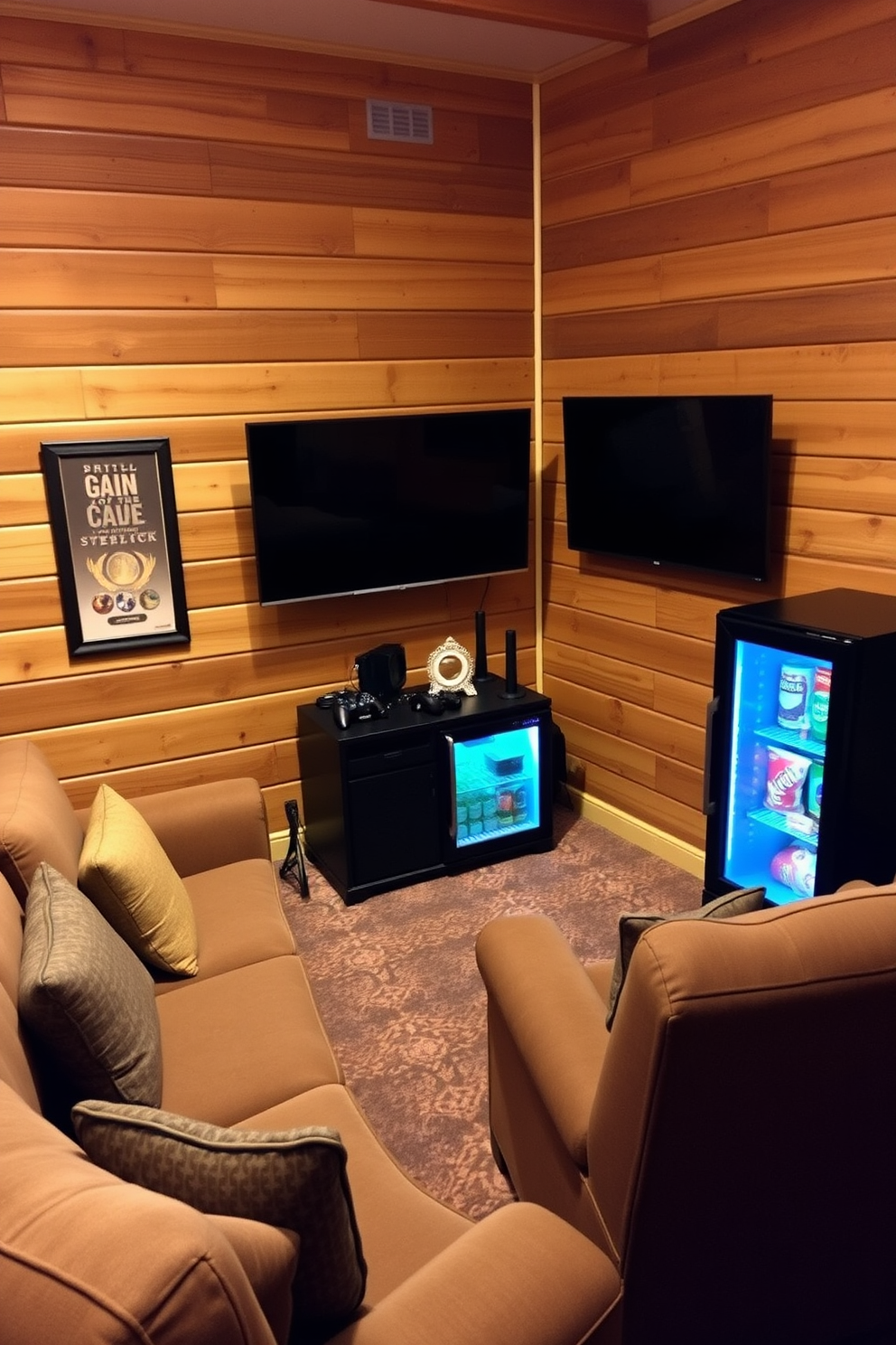 A cozy game console area featuring plush seating that invites relaxation and enjoyment. The walls are adorned with rustic wood paneling, and a large flat-screen TV is mounted for optimal viewing. In the corner, a mini-fridge stocked with snacks and beverages adds convenience. Soft lighting creates a warm ambiance, enhancing the overall man cave vibe.