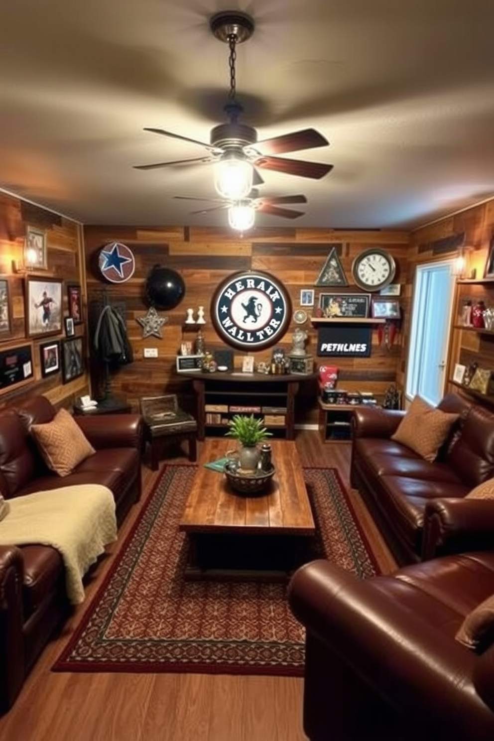 A cozy man cave featuring pallet wood accent walls that create a warm and inviting atmosphere. The space includes comfortable leather seating and rustic decor elements that enhance the barn-inspired aesthetic. The room is illuminated by vintage-style lighting fixtures hanging from the ceiling. A reclaimed wood coffee table sits at the center, surrounded by a collection of sports memorabilia and personal touches that reflect the owner's personality.