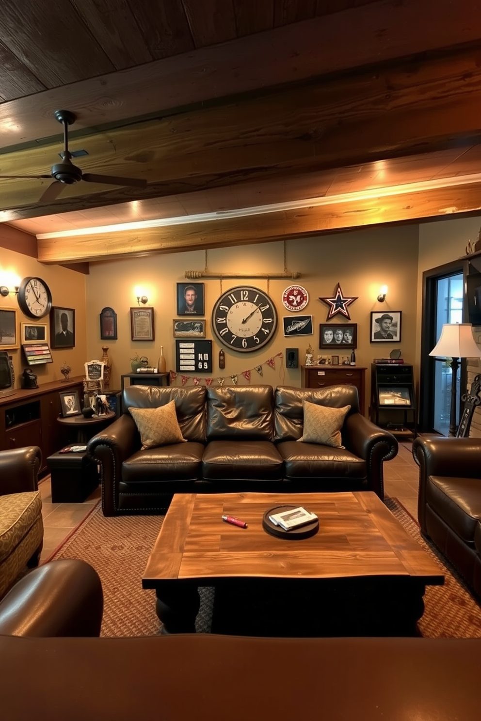 A cozy man cave with mood lighting that creates a relaxed atmosphere. The space features rustic wooden beams on the ceiling and soft, warm lights strategically placed to enhance the ambiance. A large leather sofa sits in the center, accompanied by a reclaimed wood coffee table. Vintage decor items and sports memorabilia adorn the walls, adding character to the room.