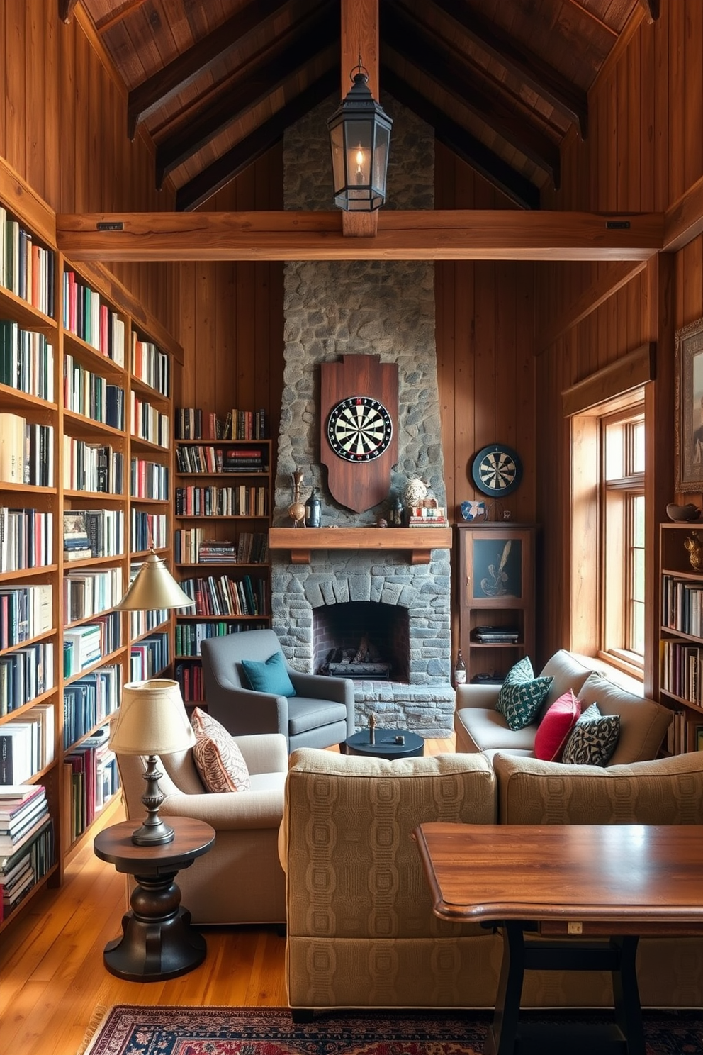 A cozy mini library featuring floor-to-ceiling bookshelves filled with a variety of books. In the center, there is a comfortable reading nook with a plush armchair and a small side table for drinks. The walls are adorned with warm wood paneling to create an inviting atmosphere. Soft lighting from a vintage-style lamp enhances the charm of this peaceful retreat. A rustic barn man cave designed for relaxation and entertainment. The space includes a large sectional sofa facing a stone fireplace, perfect for gathering with friends. Exposed wooden beams and a reclaimed wood bar add to the rustic appeal. Vintage sports memorabilia and a dartboard complete the man cave vibe, making it a perfect hangout spot.