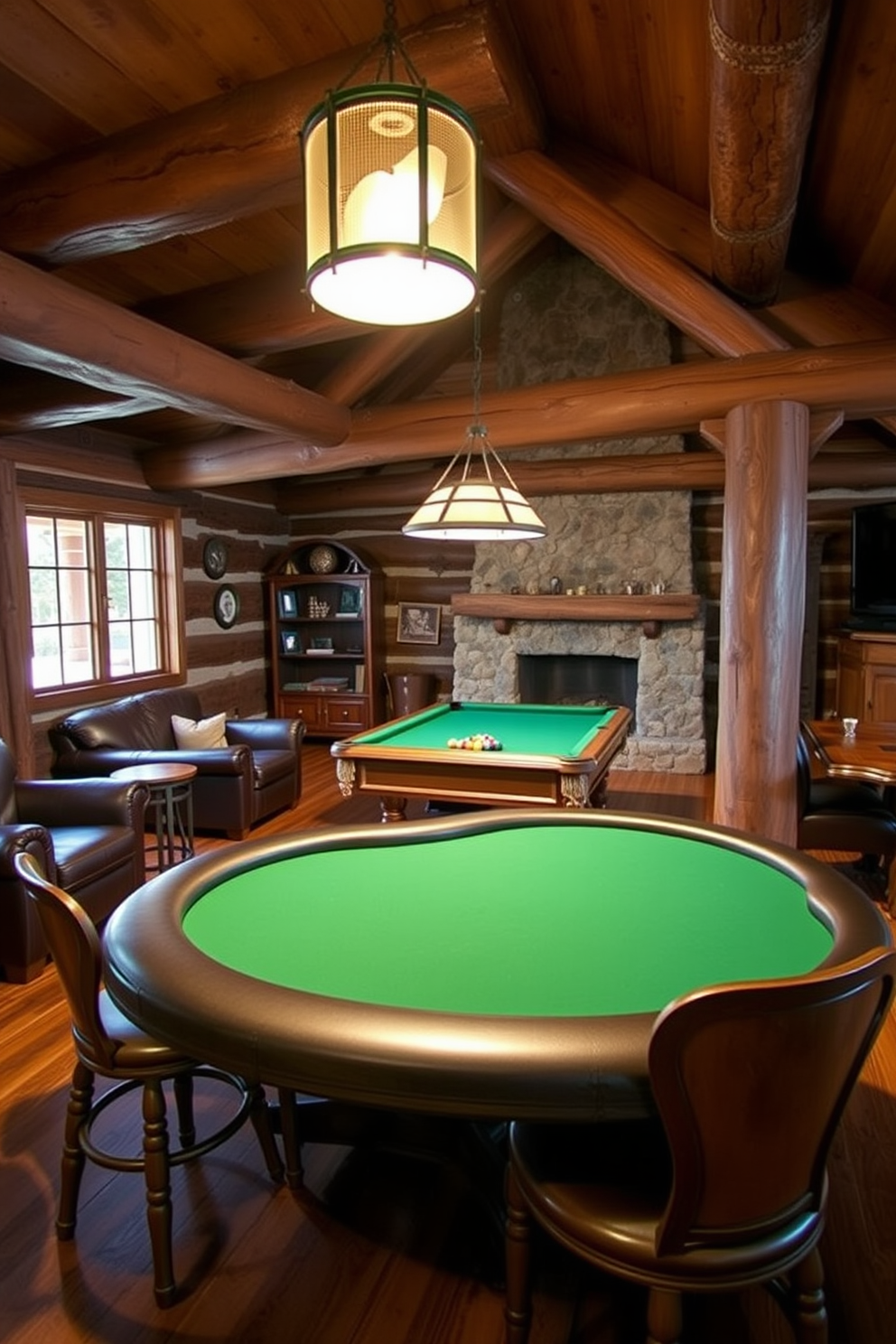 A rustic man cave designed for game nights featuring a billiards table and a poker table. The space is adorned with wooden beams, a stone fireplace, and comfortable leather seating, creating a warm and inviting atmosphere. The billiards table is positioned centrally, surrounded by vintage bar stools and a small side table for drinks. The poker table, with its green felt surface, is located in the corner, illuminated by a stylish pendant light overhead.