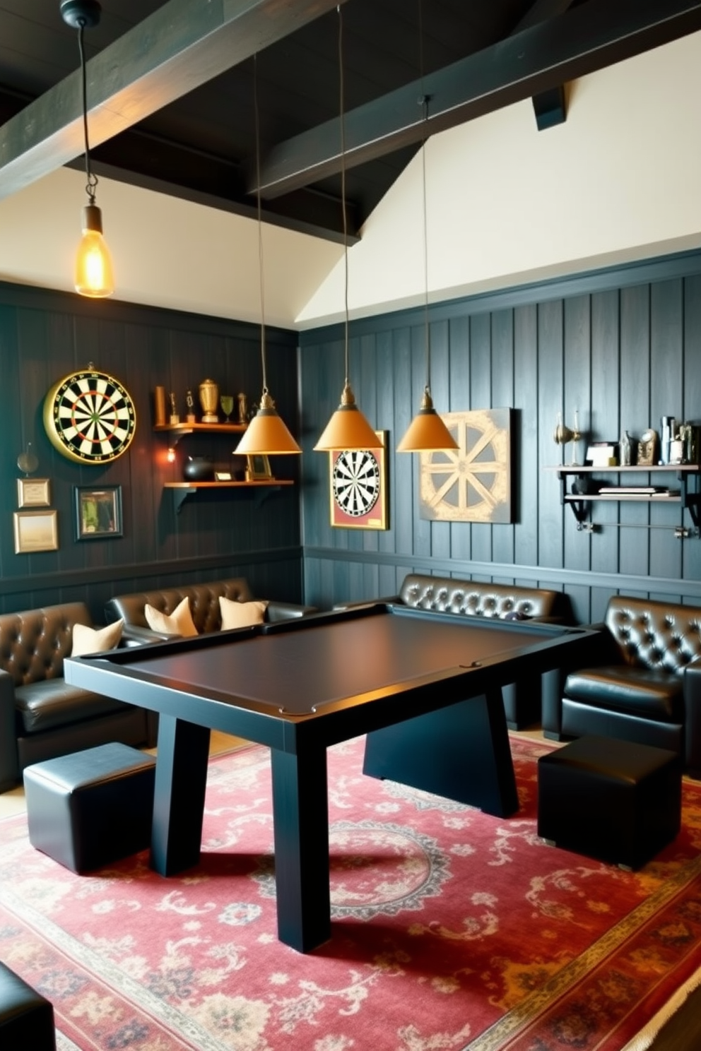 A stylish game room featuring a sleek pool table at the center, surrounded by comfortable leather seating. On one wall, a dartboard is mounted, flanked by rustic wooden shelves displaying trophies and memorabilia. The space is illuminated by warm pendant lights hanging from the ceiling, creating an inviting atmosphere. Dark wood paneling adds a cozy, barn-like feel, while a vintage rug anchors the seating area.