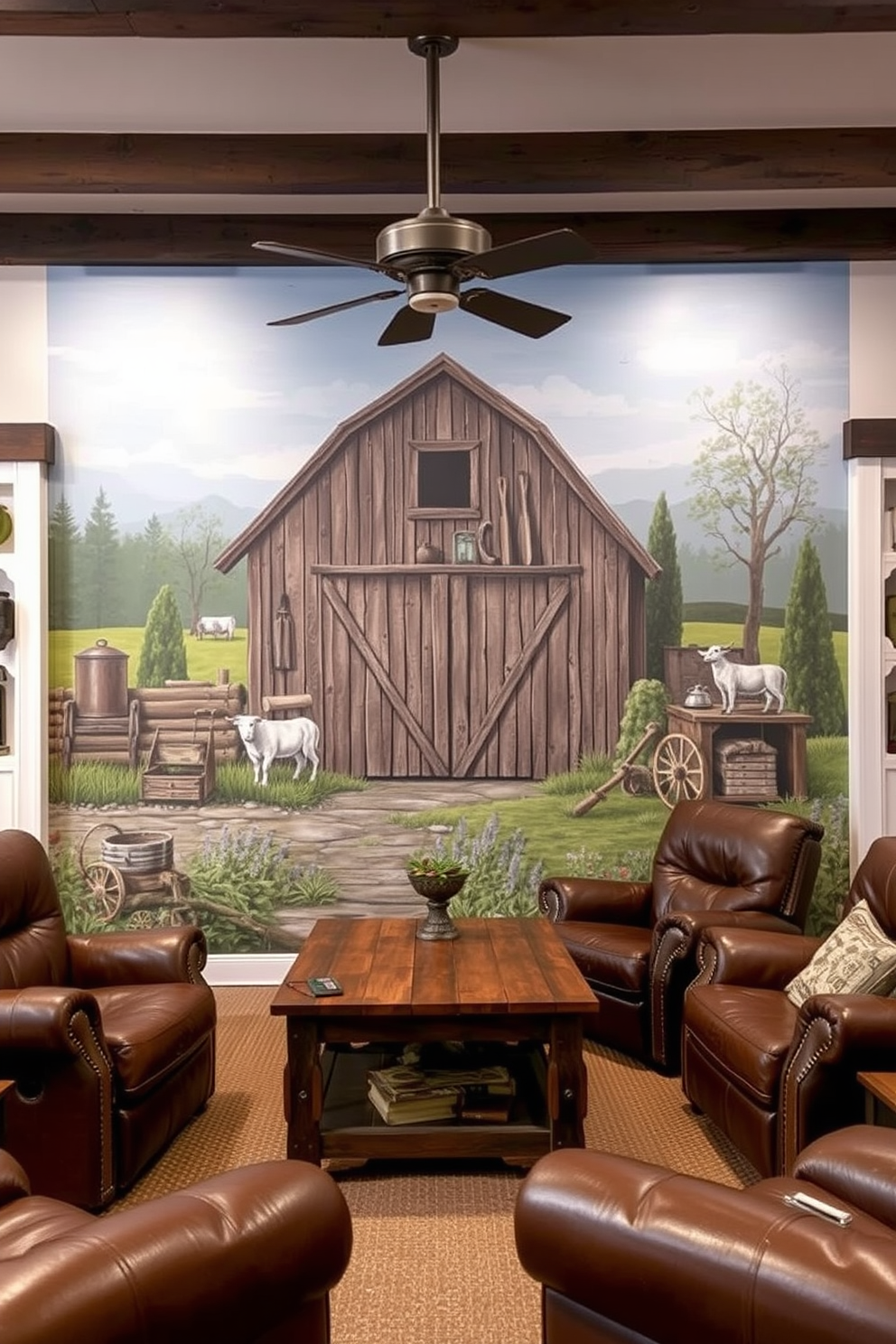 A custom mural depicting a rustic barn scene with elements that reflect personal interests such as farming tools and animals. The man cave features a cozy seating area with leather recliners and a reclaimed wood coffee table, surrounded by vintage memorabilia and warm lighting.