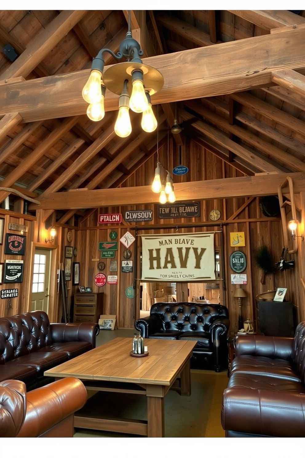 A rustic barn man cave featuring industrial style lighting fixtures that create a warm and inviting atmosphere. The space includes exposed wooden beams and metal accents, with vintage light bulbs hanging from pendant fixtures. Comfortable leather seating arrangements are complemented by a reclaimed wood coffee table. The decor incorporates vintage signs and memorabilia, enhancing the man cave's unique character.