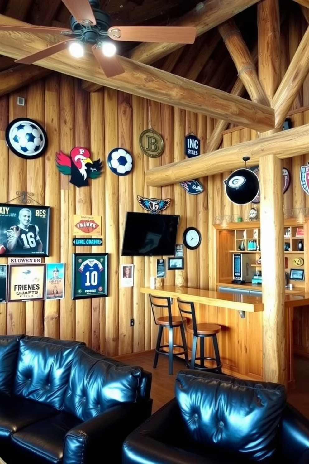 A rustic barn man cave featuring sports memorabilia displayed prominently on the walls. The space includes comfortable leather seating and a wooden bar with high stools, creating an inviting atmosphere for relaxation and entertainment.