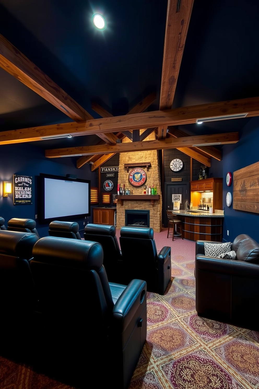 A cozy home theater features plush reclining seats arranged in a semi-circle facing a large projector screen. The walls are painted a deep navy blue, and soft ambient lighting creates an inviting atmosphere for movie nights. In a rustic barn man cave, reclaimed wood beams span the ceiling, and a stone fireplace serves as the focal point. Vintage signage and comfortable leather seating add character, while a custom bar area offers a perfect spot for entertaining friends.