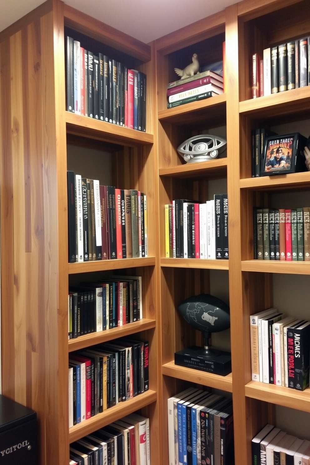 Custom shelving for books and collectibles. The shelves are crafted from reclaimed wood, showcasing a rustic finish that complements the barn-style aesthetic. The design features a combination of open and closed shelving, allowing for both display and storage. Accents of metal hardware add an industrial touch, enhancing the overall man cave vibe.