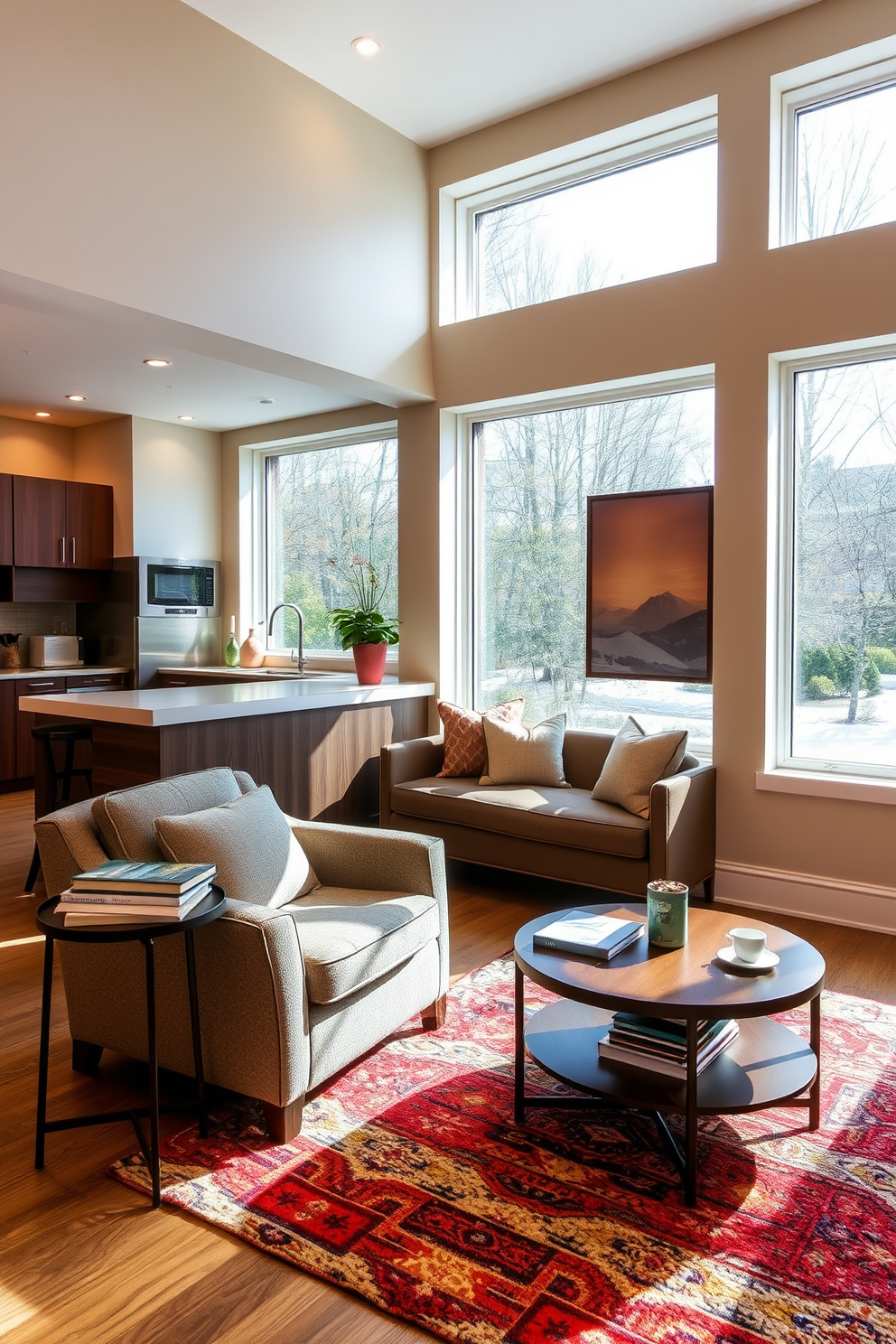 Cozy reading nook with large windows. The nook features a plush armchair upholstered in soft fabric, accompanied by a small side table holding a stack of books and a warm cup of tea. The walls are painted in a soft beige, creating a warm and inviting atmosphere. Natural light floods the space through the large windows, highlighting a colorful area rug that adds texture to the floor. Basement apartment design ideas. The layout includes an open concept living area with a comfortable sofa and a stylish coffee table, perfect for relaxation and entertainment. A kitchenette with modern appliances is seamlessly integrated into the design, while strategically placed lighting enhances the cozy ambiance of the space.