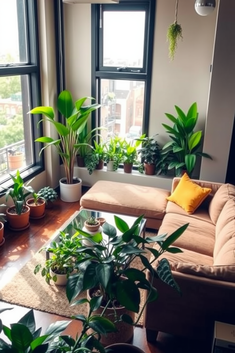 A cozy basement apartment with a modern aesthetic featuring large windows that allow natural light to flood the space. Lush green plants are strategically placed throughout the room, adding vibrant pops of color against the neutral-toned walls. The living area includes a comfortable sectional sofa paired with a sleek coffee table, surrounded by potted plants on either side. A small indoor garden nook is created in one corner, showcasing a variety of houseplants that enhance the inviting atmosphere.