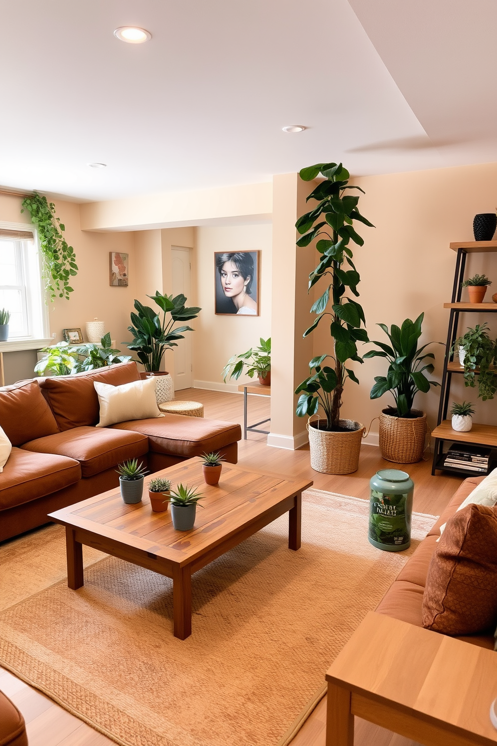 A cozy basement apartment featuring an open layout with a warm color palette. The living area includes a plush sectional sofa, a wooden coffee table, and a large rug that adds texture to the space. Incorporate various indoor plants to enhance the freshness and vibrancy of the environment. A tall fiddle leaf fig stands in the corner, while smaller succulents adorn the coffee table and shelves.