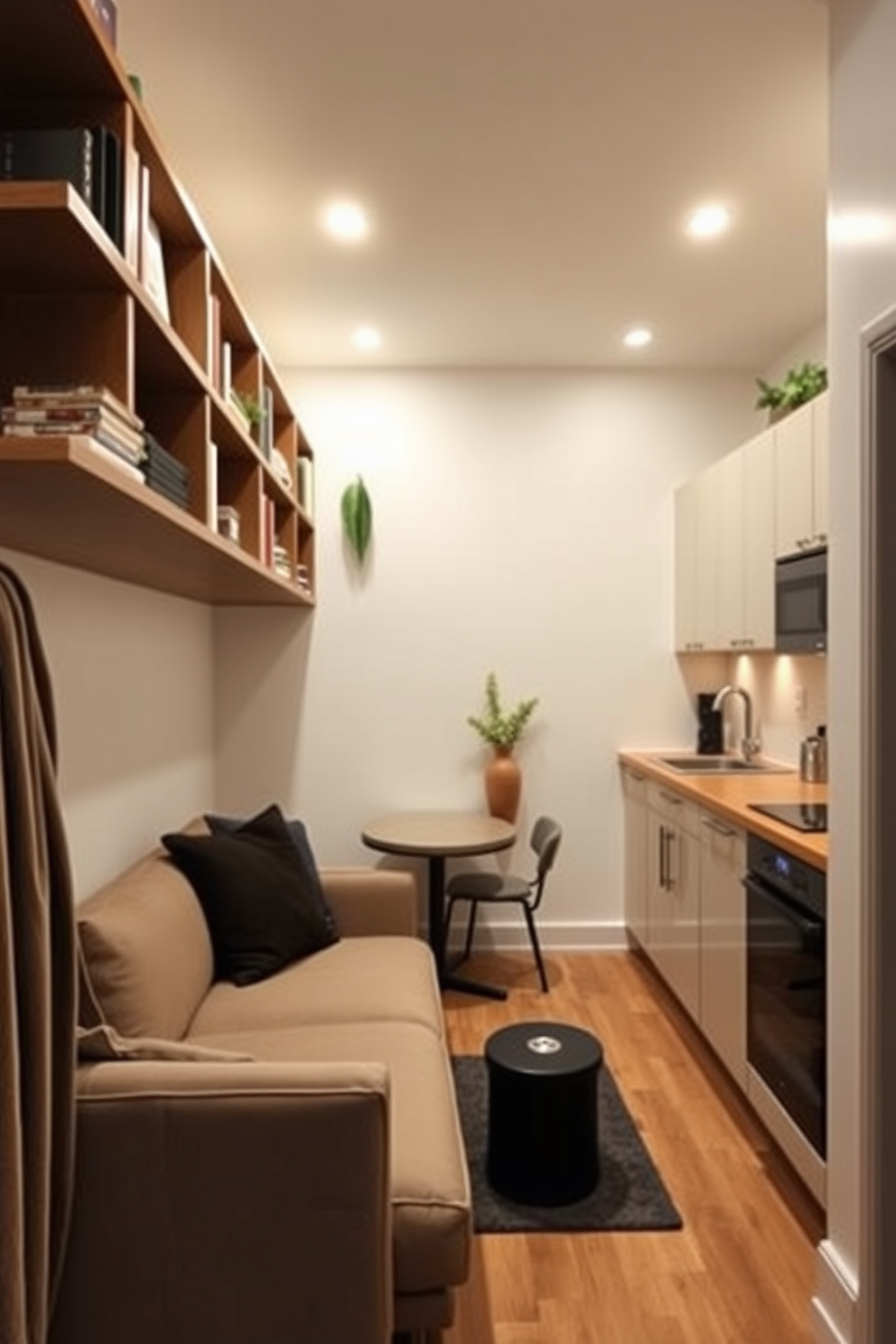 A cozy basement apartment featuring wall-mounted shelves that maximize vertical space. The living area includes a comfortable sofa and a small coffee table, with the shelves displaying books and decorative items. The kitchen area is compact yet functional, with sleek cabinets and a small dining table. Soft lighting fixtures create an inviting atmosphere, highlighting the warm tones of the decor.