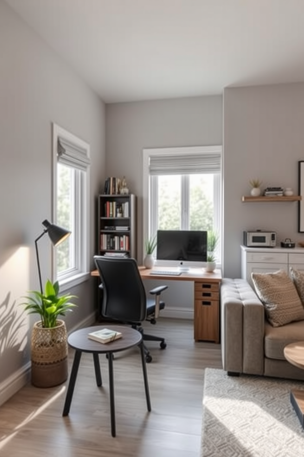 A cozy home office corner designed for productivity. The space features a sleek wooden desk with a comfortable ergonomic chair, positioned near a large window that provides ample natural light. The walls are painted in a calming light gray, creating a serene atmosphere. A stylish bookshelf filled with books and decorative items stands to one side, while a small potted plant adds a touch of greenery to the desk. For the basement apartment design, envision an open-plan layout that maximizes space and light. The living area includes a comfortable sofa and a coffee table, while a compact kitchenette is tucked into one corner, featuring modern appliances and a breakfast bar.