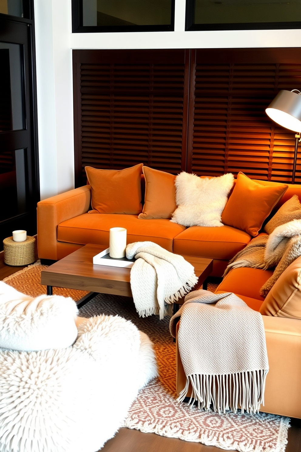 Create a cozy seating area with plush cushions and a soft throw blanket. The space features a low coffee table surrounded by a sectional sofa in warm tones, with ambient lighting from a stylish floor lamp.