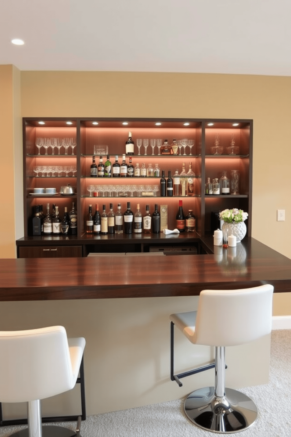 A stylish wet bar area designed for entertaining guests. The bar features a sleek dark wood countertop with modern bar stools arranged around it. Behind the bar, there are custom shelves displaying an array of spirits and glassware. The walls are painted in a warm neutral tone, complemented by ambient lighting that creates an inviting atmosphere.