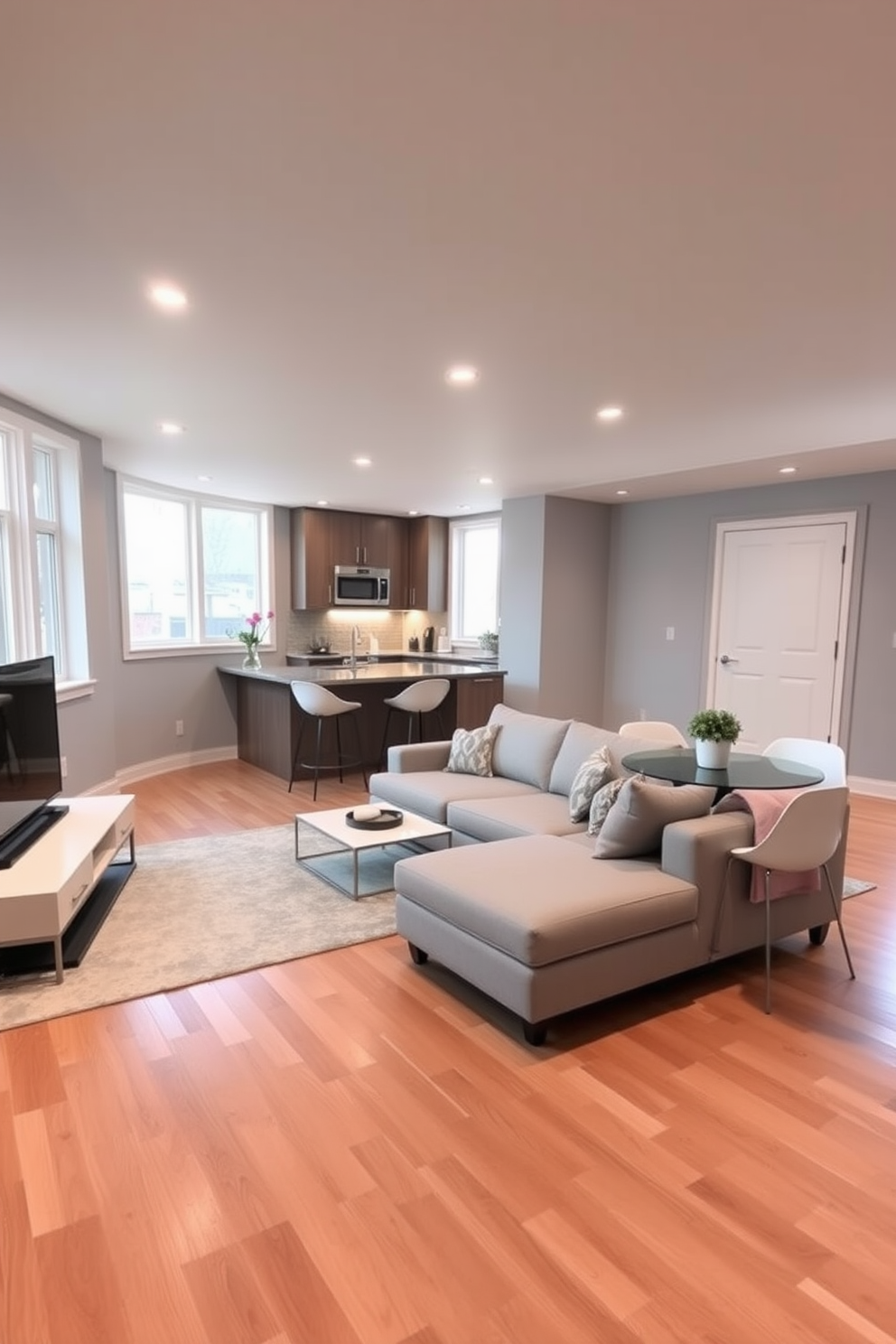 A cozy basement apartment featuring an open layout with a comfortable sectional sofa and a sleek coffee table. The walls are painted in a soft gray hue, and large windows allow natural light to flood the space. In the kitchen area, there are stainless steel appliances and a breakfast bar with stylish stools. The flooring is a warm wood finish, adding warmth to the modern aesthetic. Recessed lighting is installed throughout the apartment to create a contemporary atmosphere. A small dining table with minimalist chairs is positioned near the kitchen, perfect for casual meals.