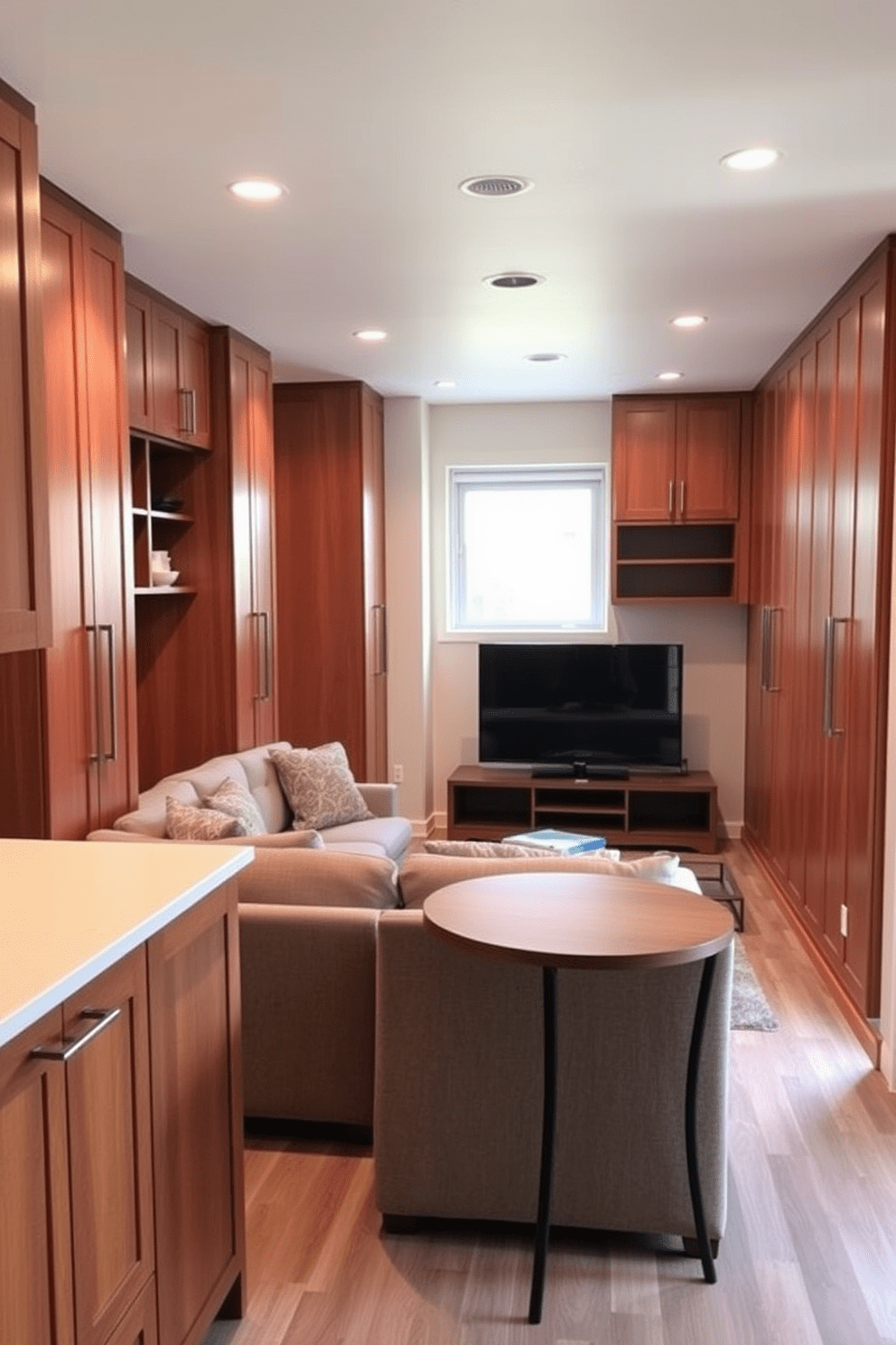 A cozy basement apartment featuring tall cabinets that stretch from floor to ceiling, maximizing vertical space for storage and display. The cabinets are finished in a warm wood tone, complementing the soft lighting that creates an inviting atmosphere. The living area includes a comfortable sectional sofa facing a sleek media console, with a large window allowing natural light to filter in. A small dining table is positioned near the kitchen, enhancing the functionality of the space without feeling cramped.