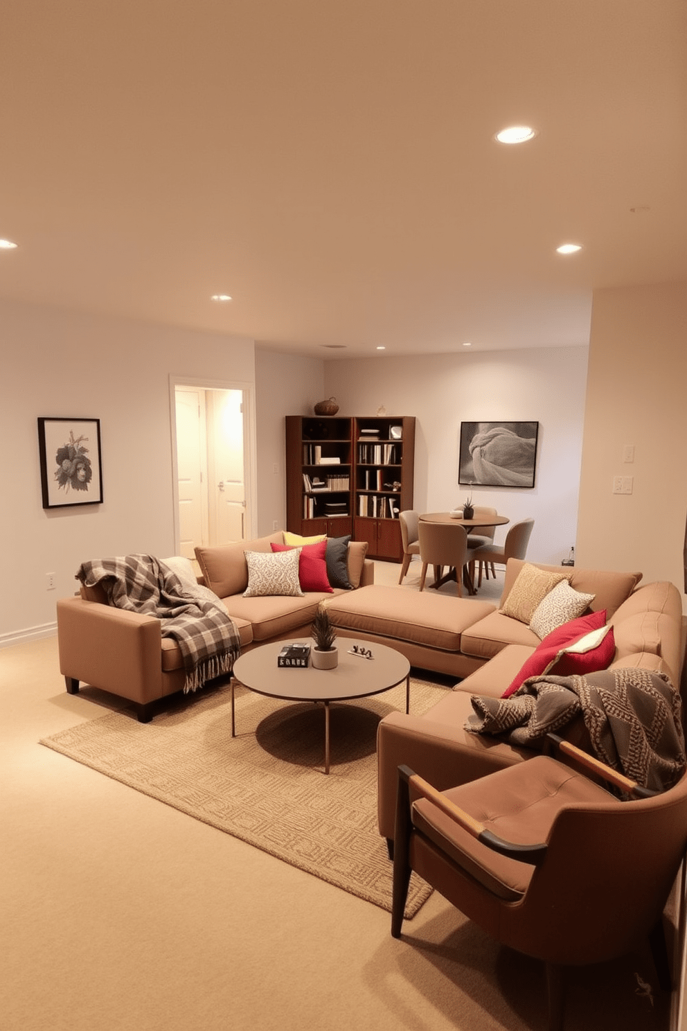 A stylish basement apartment designed for comfort and relaxation. The space features a spacious living area with a plush sectional sofa adorned with cozy throws and colorful cushions. Soft lighting creates a warm ambiance, while a modern coffee table sits in the center, surrounded by a few accent chairs. The walls are painted in a light neutral tone, enhancing the feeling of openness in the cozy retreat. In the corner, a small dining area is set up with a round table and comfortable chairs, perfect for intimate meals. A bookshelf filled with books and decorative items adds character and warmth to the space.