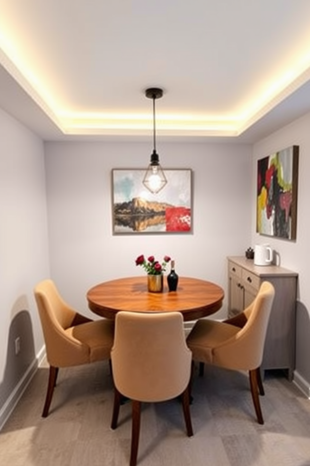 A cozy small dining area designed for a basement apartment features a round wooden table surrounded by four upholstered chairs in a warm neutral tone. A pendant light with an industrial design hangs above the table, casting a soft glow that enhances the inviting atmosphere. The walls are painted a light gray to create a sense of openness, while a colorful abstract painting adds a pop of color. A small sideboard against one wall provides storage and display space for tableware and decorative items.