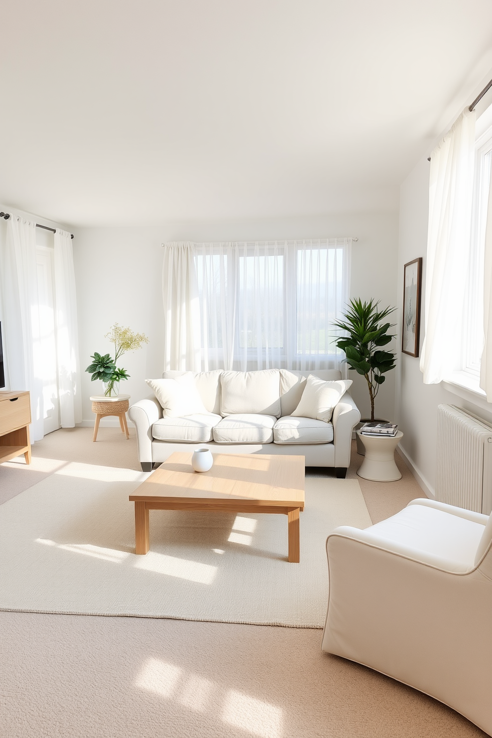 A bright and airy basement apartment designed with light colors to create an inviting atmosphere. The open layout features soft white walls paired with light gray furniture, enhancing the sense of space. Natural light floods the area through large windows, complemented by sheer white curtains that add to the brightness. A cozy seating area with a plush sofa and pastel-colored cushions invites relaxation, while a light wood coffee table adds warmth to the design.