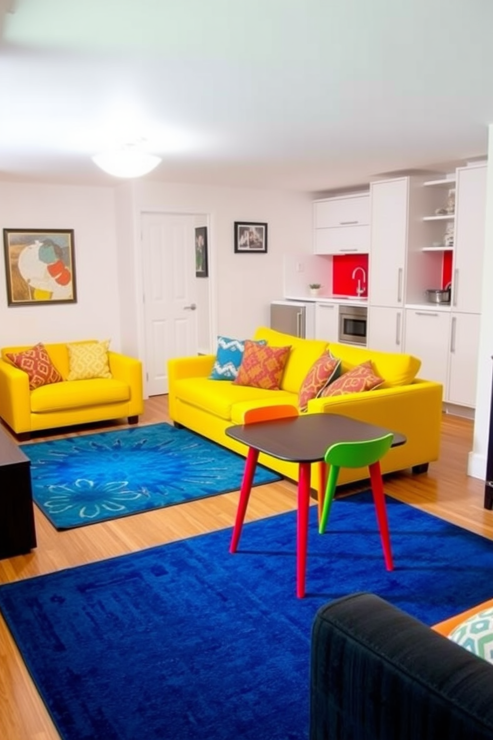 A cozy basement apartment designed with bright accent colors to create a lively atmosphere. The living area features a vibrant yellow sofa paired with colorful throw pillows, while a bold blue rug anchors the space. The kitchen showcases a striking red backsplash that contrasts with sleek white cabinetry. A small dining table with multicolored chairs adds a playful touch, perfect for entertaining guests.