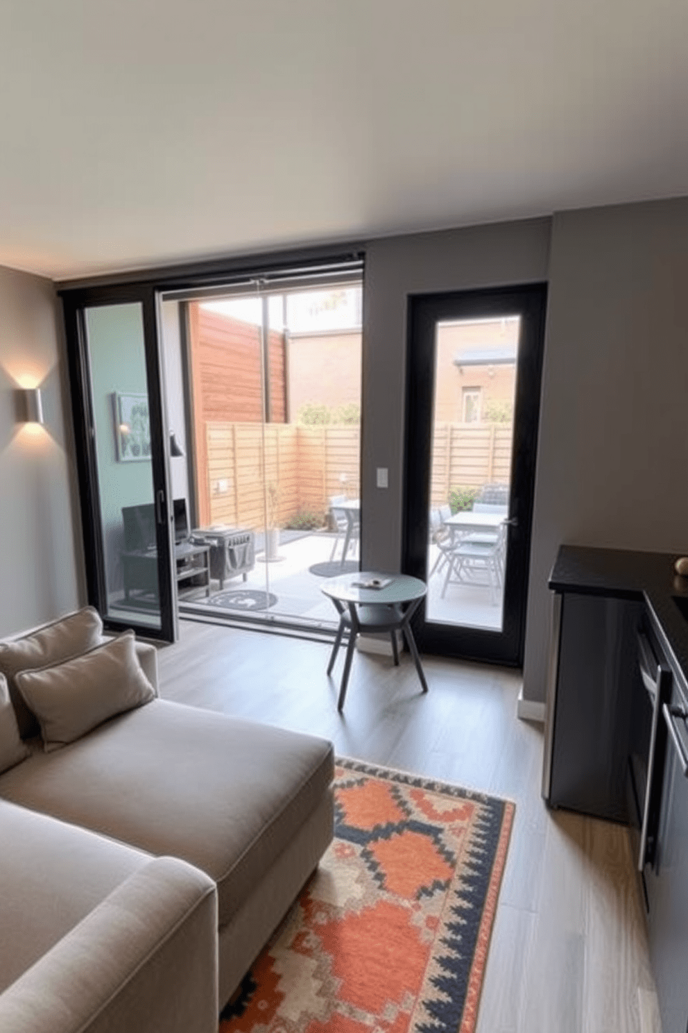 A modern basement apartment featuring sliding glass doors that lead to a cozy outdoor patio. The open layout includes a stylish living area with a plush sofa, a compact dining table, and a sleek kitchenette with stainless steel appliances. The walls are painted in a soft gray, creating a warm and inviting atmosphere. Accent lighting highlights the contemporary decor and a colorful area rug adds a touch of personality to the space.