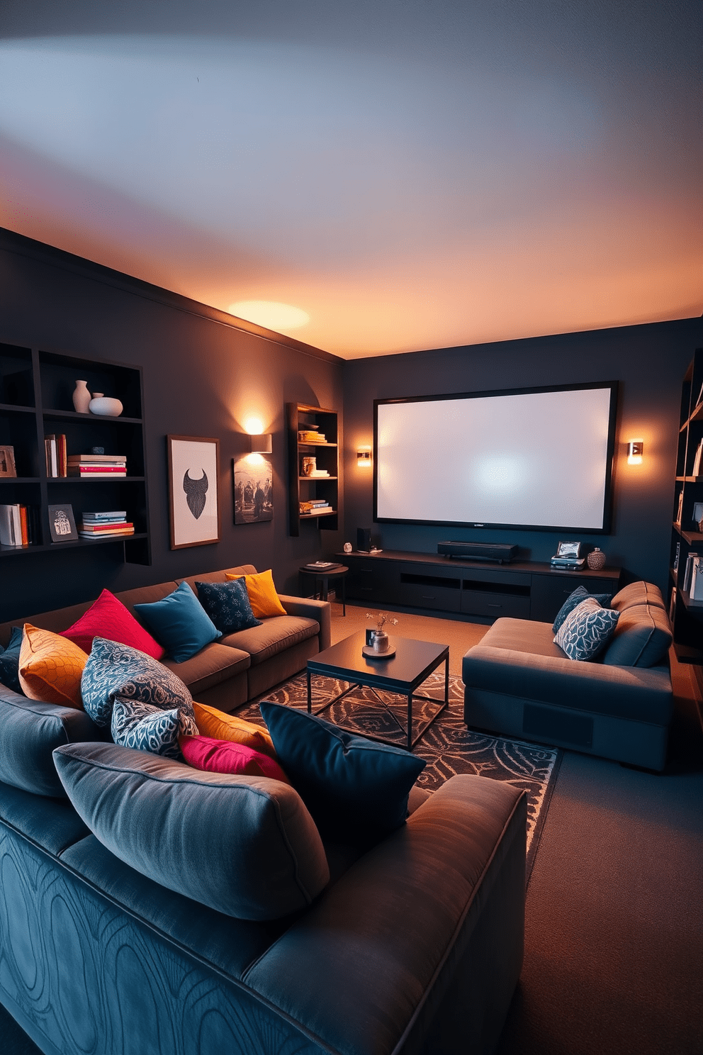 A cozy movie corner features a plush sectional sofa adorned with an array of colorful cushions. Soft ambient lighting creates a warm atmosphere, while a large screen is mounted on the wall opposite the seating area. The walls are painted in a deep navy blue to enhance the cinematic feel, and a stylish area rug adds comfort underfoot. Shelves filled with books and decorative items flank the space, providing a personal touch to the basement apartment design.