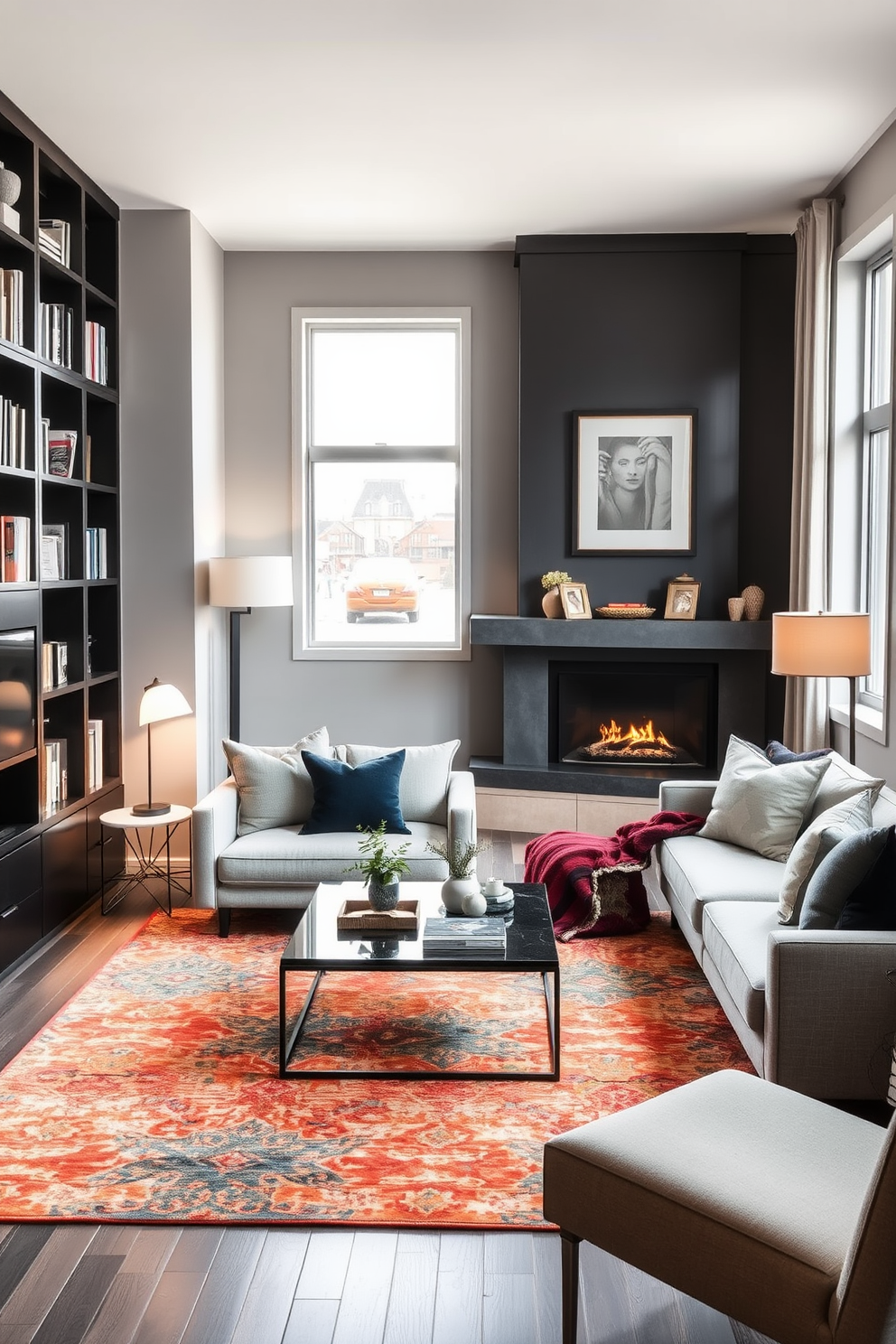 A cozy basement apartment living area featuring a stylish sofa in neutral tones paired with a vibrant area rug. A modern coffee table sits in front of the sofa, while a sleek bookshelf lines one wall filled with books and decorative items. In one corner, a chic fireplace adds warmth and ambiance, framed by built-in shelves that display curated decor. Soft lighting from floor lamps creates an inviting atmosphere, complemented by large windows that let in natural light.