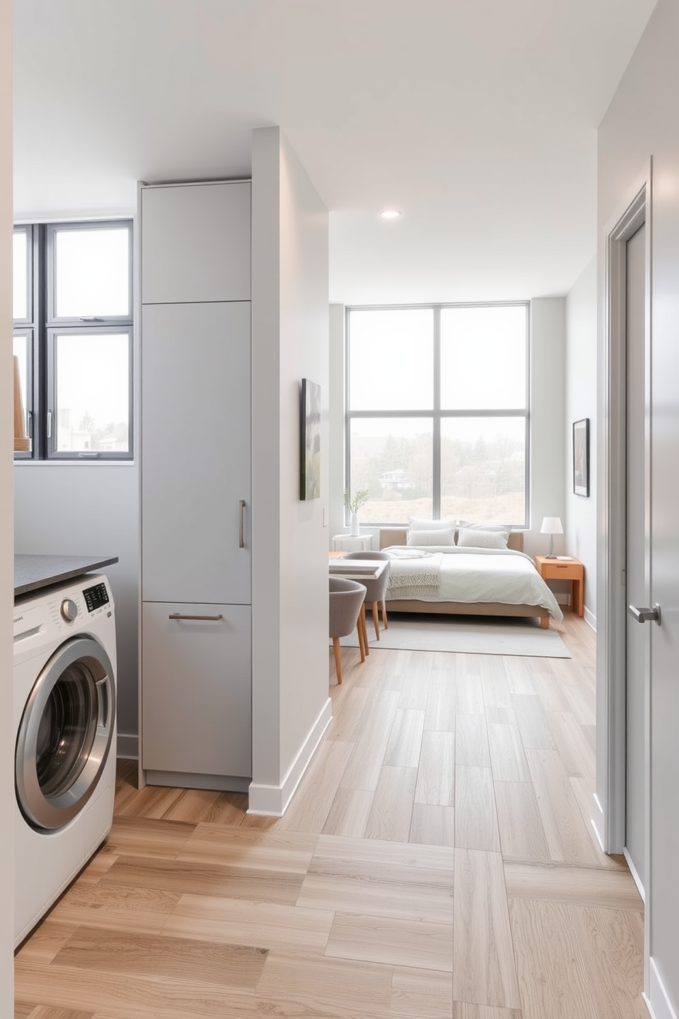 A modern basement apartment design that maximizes space and functionality. The layout features an open-plan living area with a cozy seating arrangement and a small dining table. Adjacent to the living area, a well-organized laundry area is integrated with sleek cabinetry and a stacked washer and dryer. The walls are painted in a light gray tone, while the flooring is a durable laminate that mimics natural wood. The bedroom area includes a queen-sized bed with minimalist bedding and a stylish nightstand. Large windows allow natural light to flood the space, enhancing the inviting atmosphere.