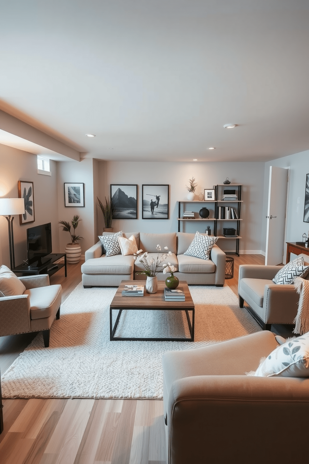 A cozy basement apartment featuring an open layout with warm lighting and soft textures. The living area includes a stylish coffee table as a focal point, surrounded by a plush sectional sofa and accent chairs. The walls are painted in a light gray hue, creating a bright and airy feel. A large area rug anchors the seating arrangement, while decorative shelves display books and personal items.