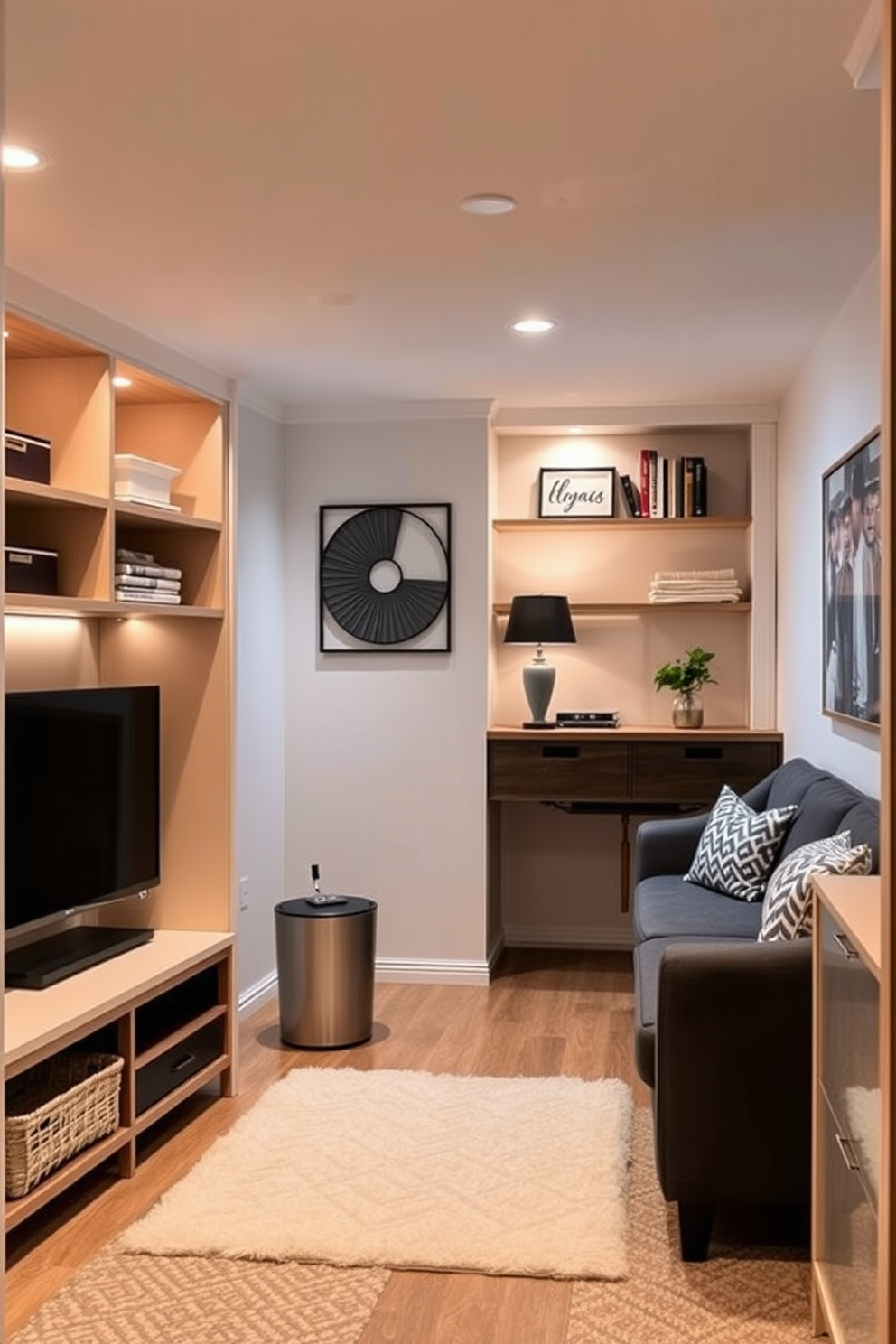 Create a cozy basement apartment that maximizes space with stylish storage solutions. Incorporate built-in shelves and multi-functional furniture to reduce clutter while maintaining a chic aesthetic. Use a neutral color palette with pops of color through decor and artwork. Add warm lighting to create an inviting atmosphere, making the space feel larger and more welcoming.