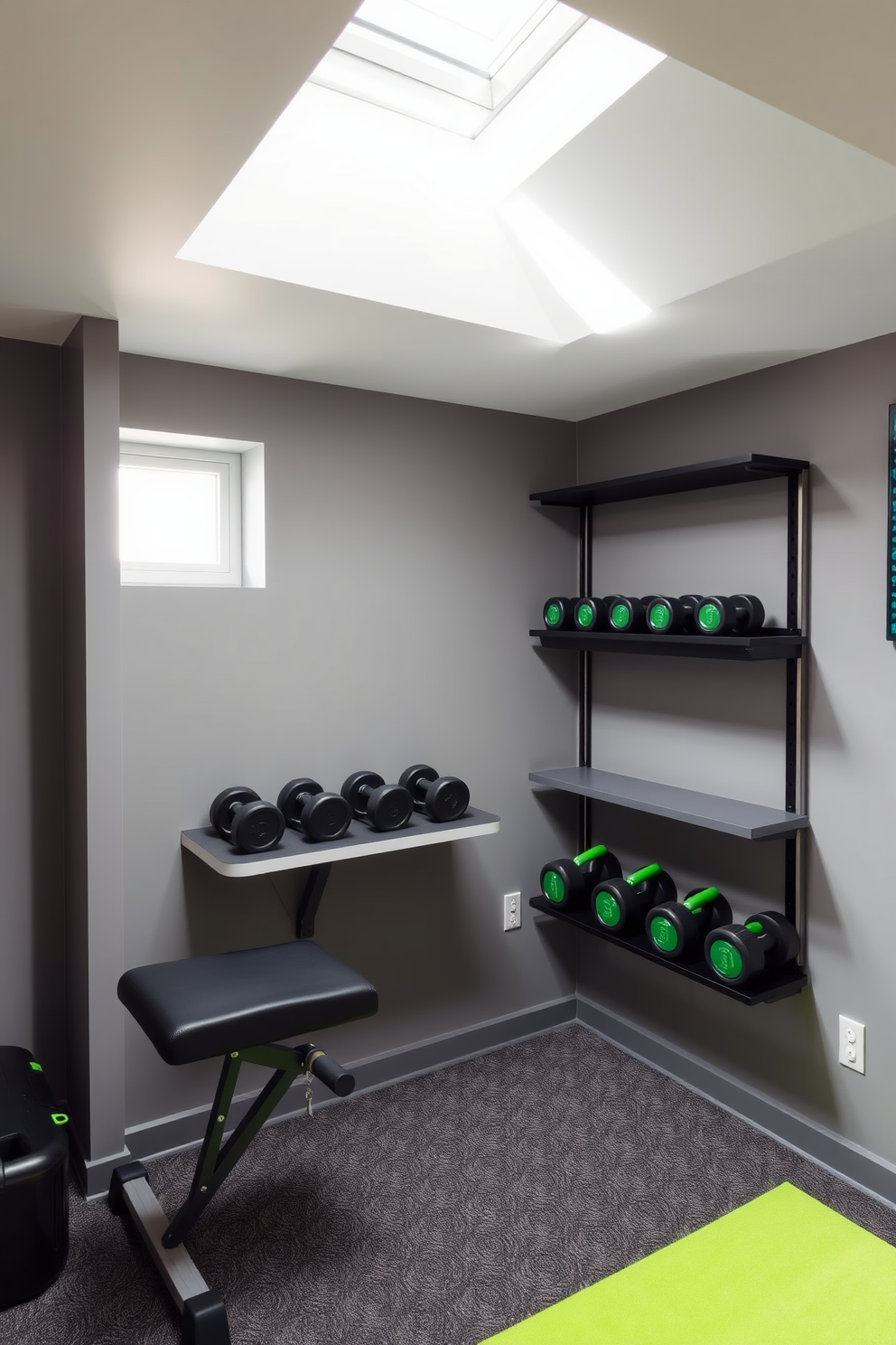 A modern basement apartment featuring a compact gym area. The space includes a wall-mounted foldable workout bench and a set of free weights neatly organized on a sleek shelf. Natural light floods in through an above-ground window, illuminating the area with a warm glow. The walls are painted in a soft gray, complemented by vibrant green accents in the decor, creating an inviting atmosphere.