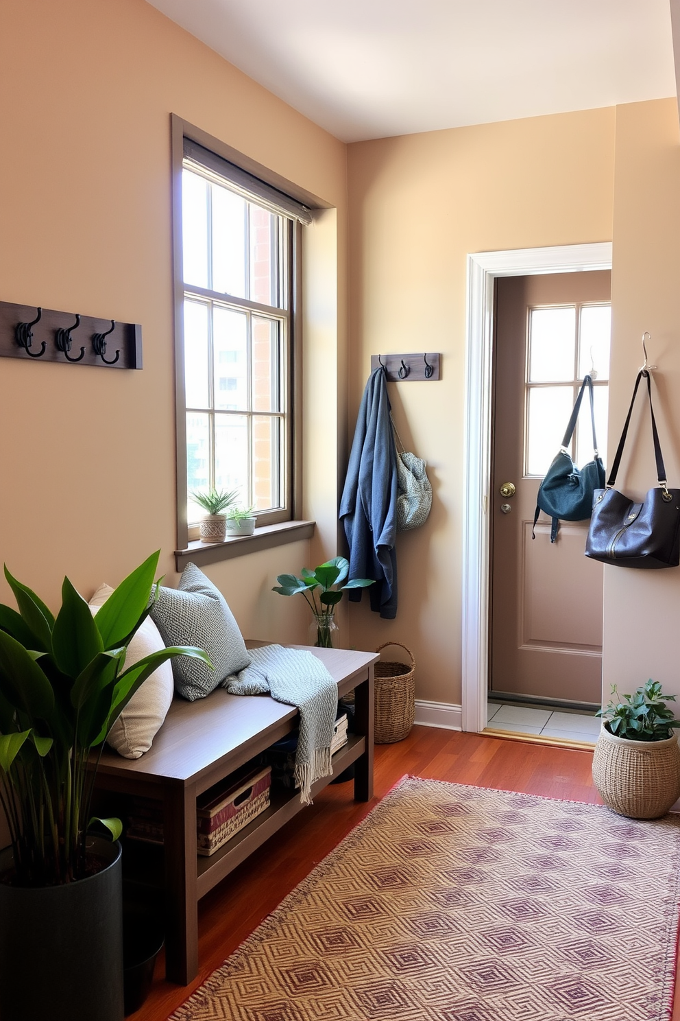 Create an inviting entryway with hooks. The walls are painted in a warm beige tone, and a stylish bench sits against one side, adorned with soft cushions. A series of rustic wooden hooks line the wall, perfect for hanging coats and bags. The floor features a cozy area rug that adds texture and warmth to the space. Natural light filters in through a nearby window, illuminating the entryway and creating a welcoming atmosphere. Potted plants are placed strategically to enhance the inviting feel of the apartment.