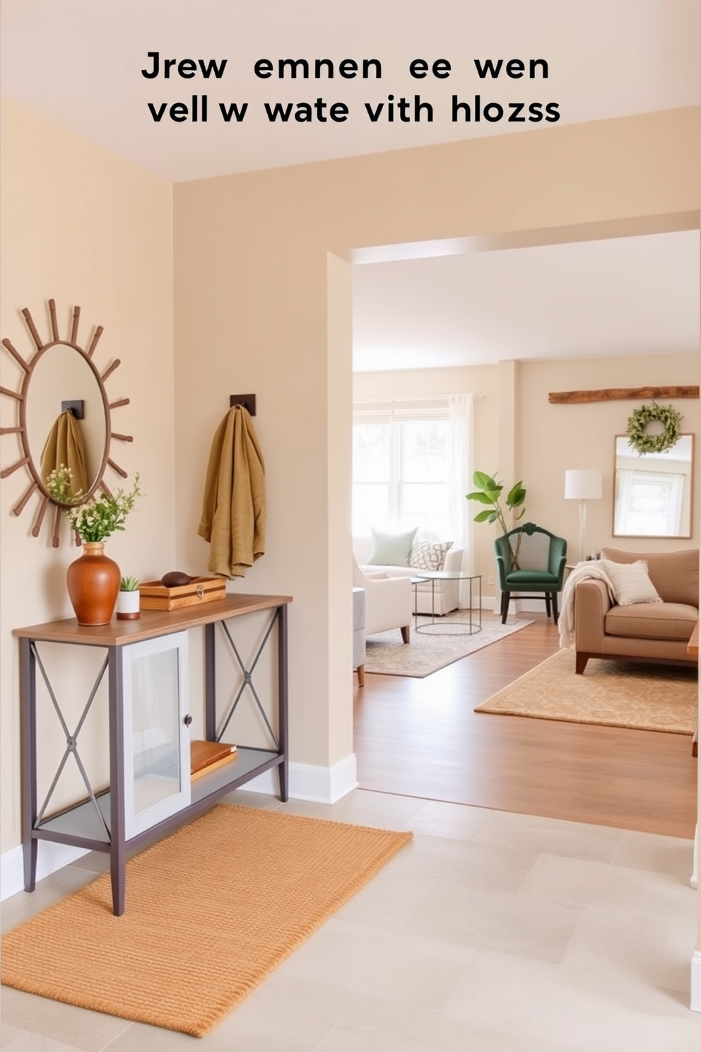 Design a welcoming entryway with hooks. The walls are painted in a soft beige, and a stylish console table sits against one side, adorned with a decorative mirror above it. On the opposite wall, there are several rustic wooden hooks for hanging coats and bags. A cozy rug in warm tones lies beneath, inviting guests into the space. For the basement apartment, create an open concept living area that maximizes natural light. Use light-colored furniture and strategically placed mirrors to enhance the brightness of the space.