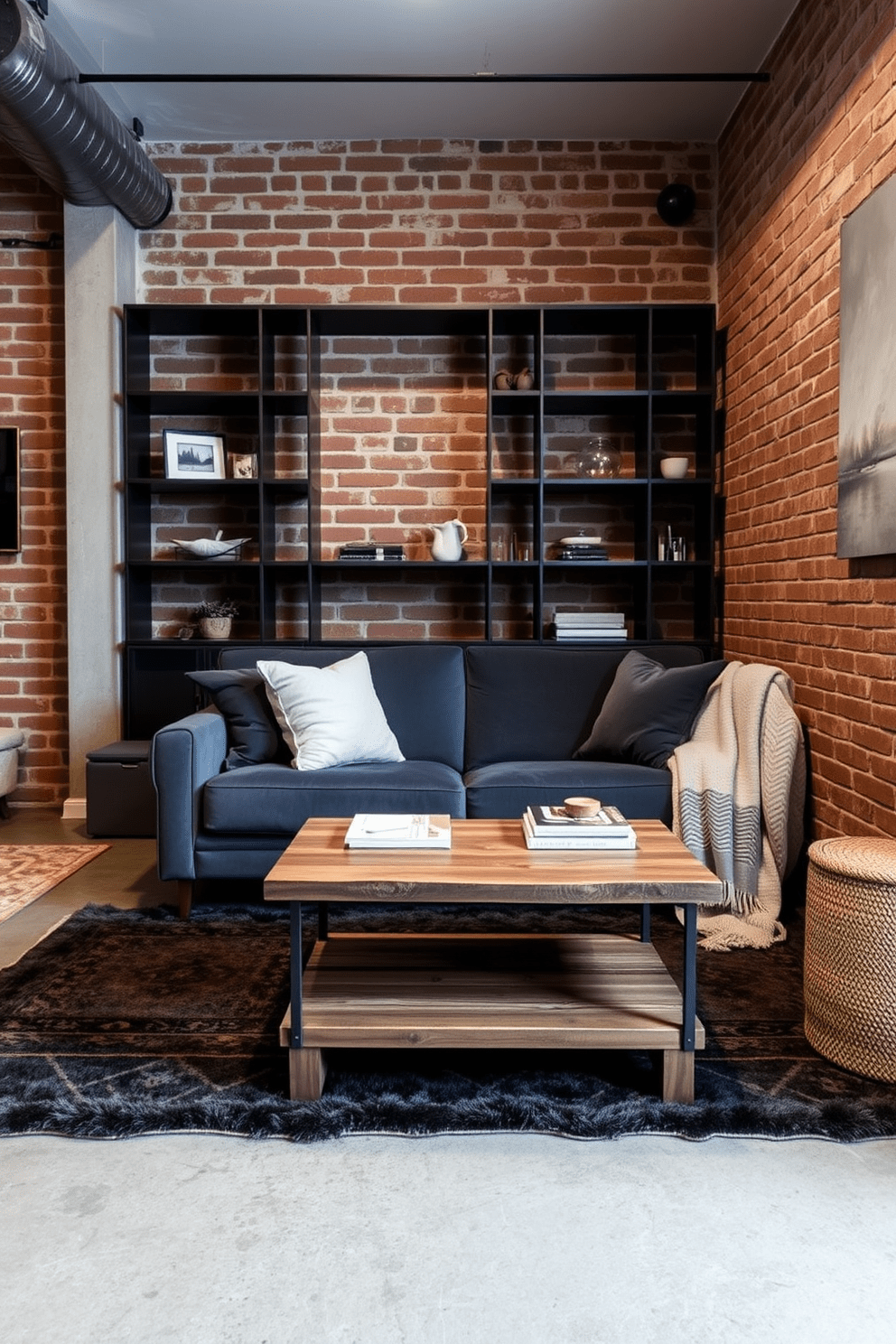 A cozy basement apartment featuring a mix of textures for visual interest. The living area includes a plush velvet sofa paired with a reclaimed wood coffee table, creating a warm and inviting atmosphere. Soft area rugs are layered over a polished concrete floor, adding comfort and style. The walls are adorned with exposed brick, contrasting beautifully with sleek, modern shelving units.