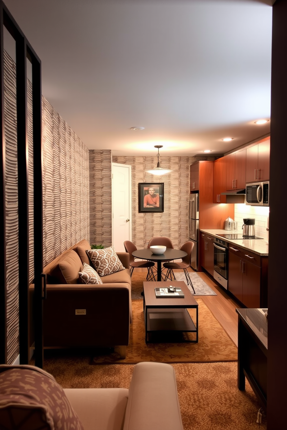 A cozy basement apartment featuring textured wallpaper that adds depth and character to the walls. The space includes a comfortable seating area with a plush sofa and a coffee table, creating an inviting atmosphere. The kitchen area is designed with modern appliances and sleek cabinetry, complemented by warm lighting fixtures. A small dining nook with a round table and stylish chairs enhances the functionality of the space.