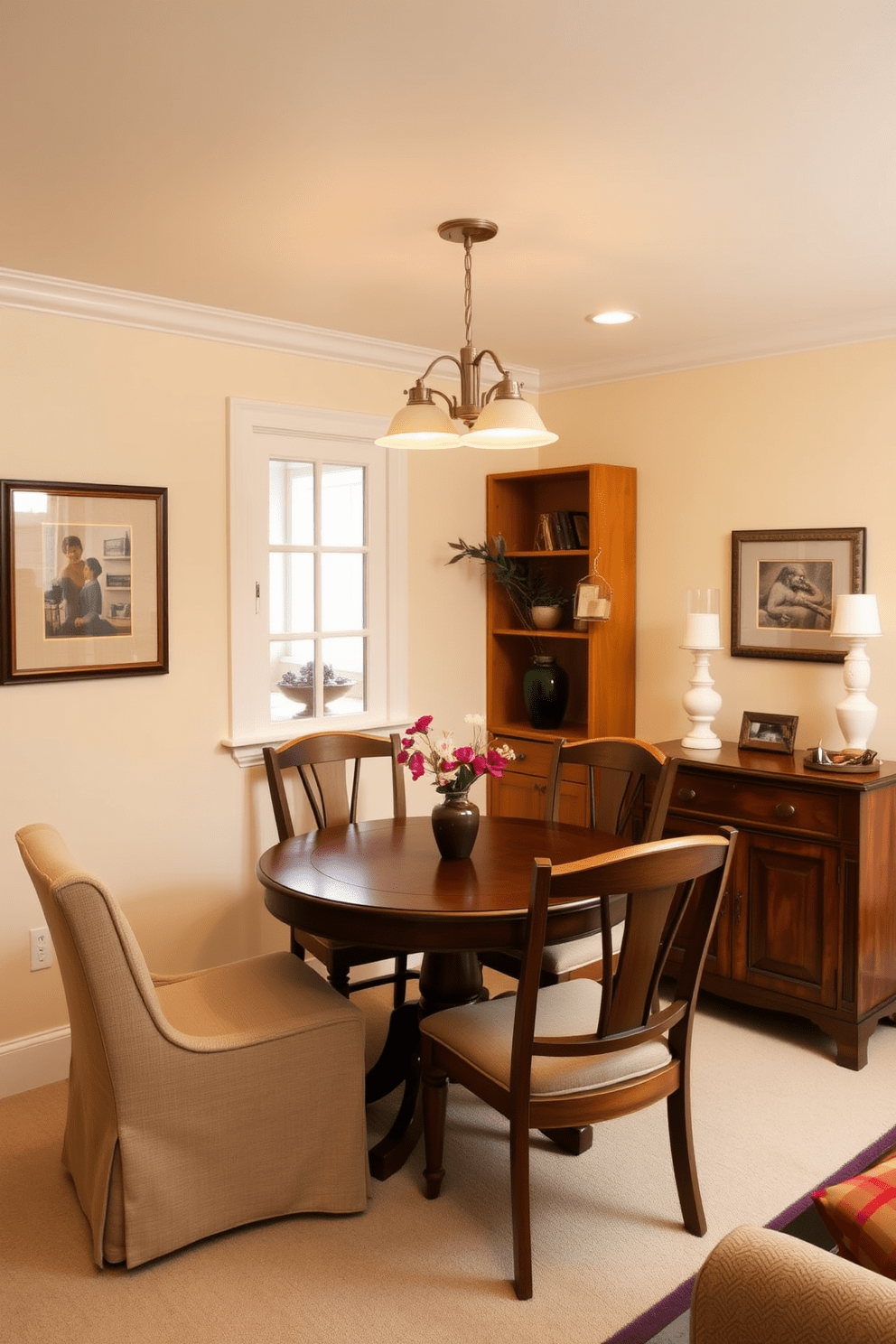 A cozy small dining area featuring a round wooden table surrounded by upholstered chairs. Soft pendant lighting hangs above the table, creating an inviting atmosphere with warm tones throughout the space. The walls are painted in a soft cream color, complementing the rich wood tones of the furniture. A small sideboard against one wall holds decorative items and provides additional storage, enhancing the charm of the basement apartment.