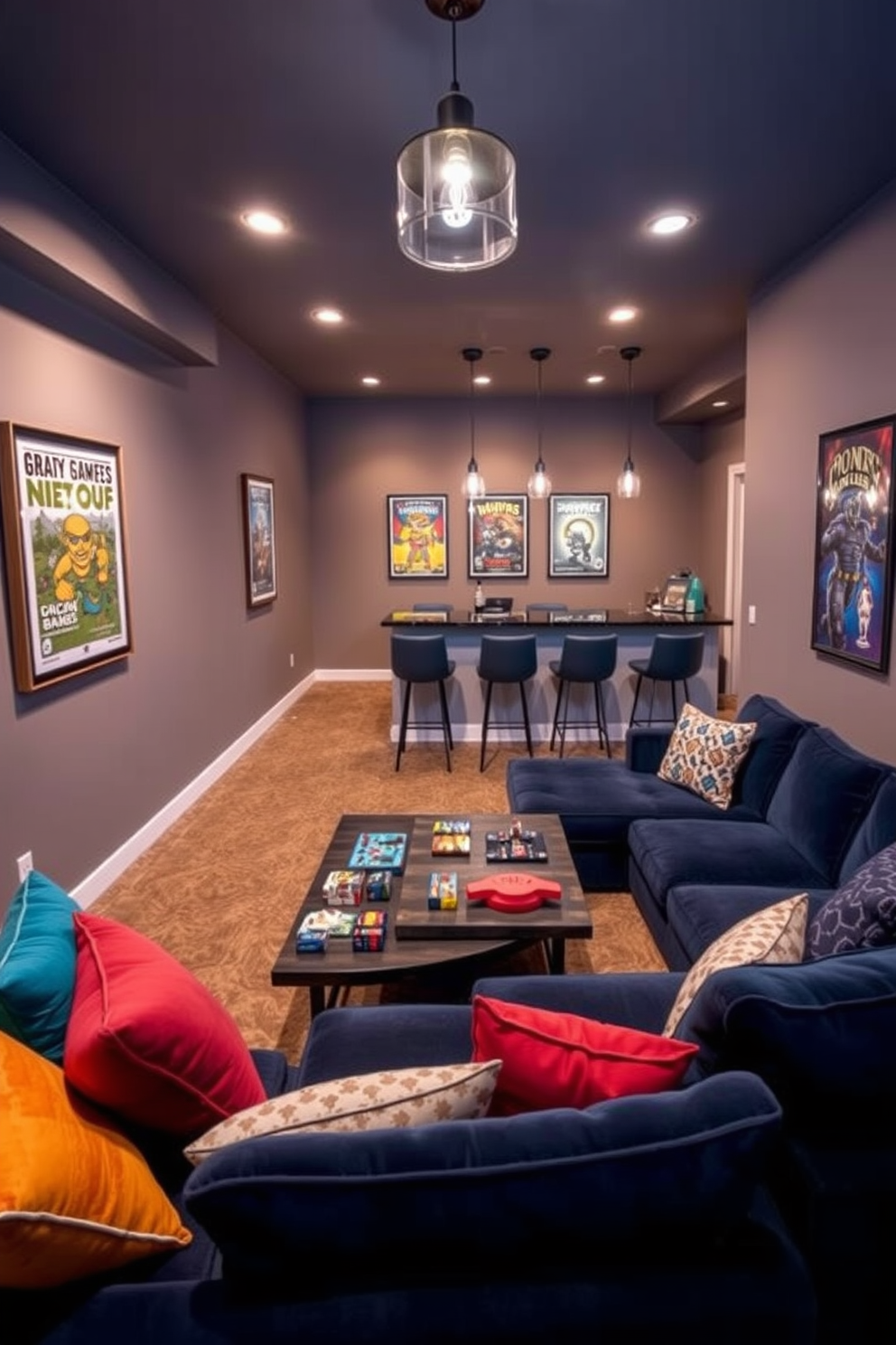 A vibrant game area designed for entertainment in a basement apartment. The space features a large sectional sofa in a rich navy blue, surrounded by colorful accent pillows for comfort. In the center, a sleek coffee table holds a variety of board games and snacks. The walls are painted in a warm gray tone, with framed artwork showcasing vintage game posters. A custom-built bar area with high stools provides a perfect spot for drinks. Ambient lighting from stylish pendant fixtures creates a cozy atmosphere for gatherings.