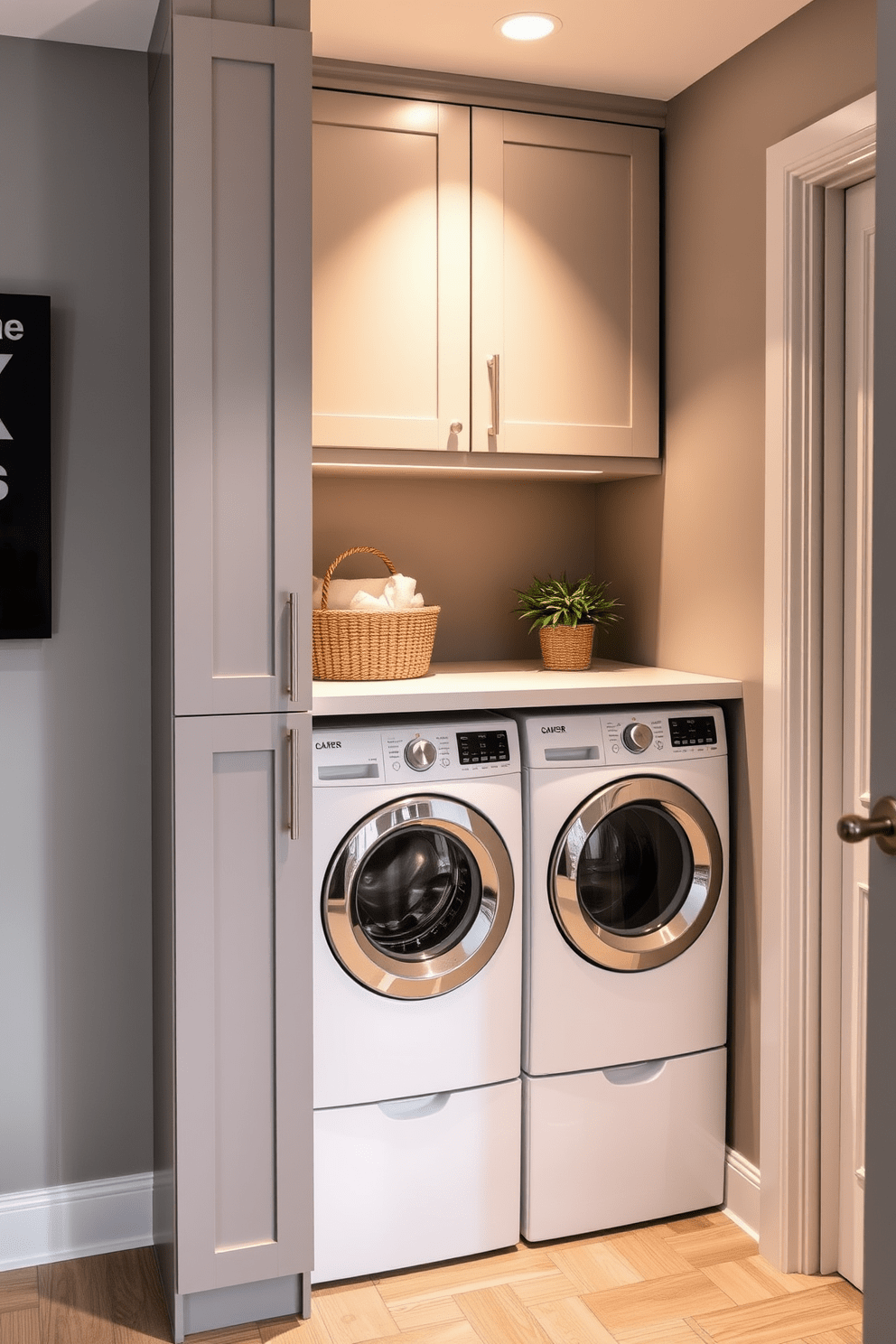 A cozy basement apartment design featuring a dedicated laundry nook. The nook includes sleek cabinets for storage, with a compact washer and dryer seamlessly integrated into the cabinetry. The walls are painted in a soft gray to create a warm and inviting atmosphere. A small countertop above the appliances provides space for folding laundry, while decorative baskets add a touch of organization and style.