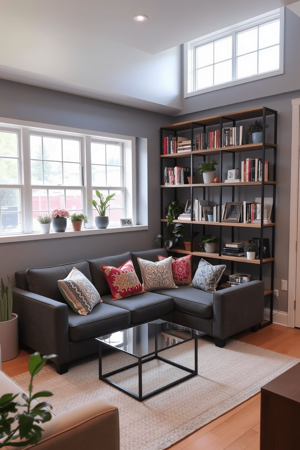 A cozy basement apartment featuring open shelving for storage. The shelves are made of reclaimed wood and are filled with books, plants, and decorative items to add personality to the space. The living area includes a comfortable sofa with colorful throw pillows and a coffee table made of glass and metal. Large windows provide natural light, and the walls are painted in a soft gray to create a welcoming atmosphere.