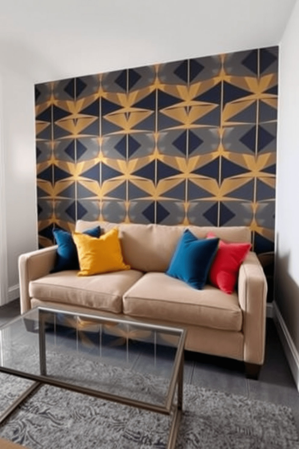 Create an accent wall with wallpaper that features a bold geometric pattern in shades of navy and gold. The wallpaper adds depth and character to the space, making it a focal point in the basement apartment. Incorporate a cozy seating area with a plush sofa in a neutral tone, complemented by vibrant throw pillows. A stylish coffee table with a glass top sits in front of the sofa, creating an inviting atmosphere for relaxation and entertainment.