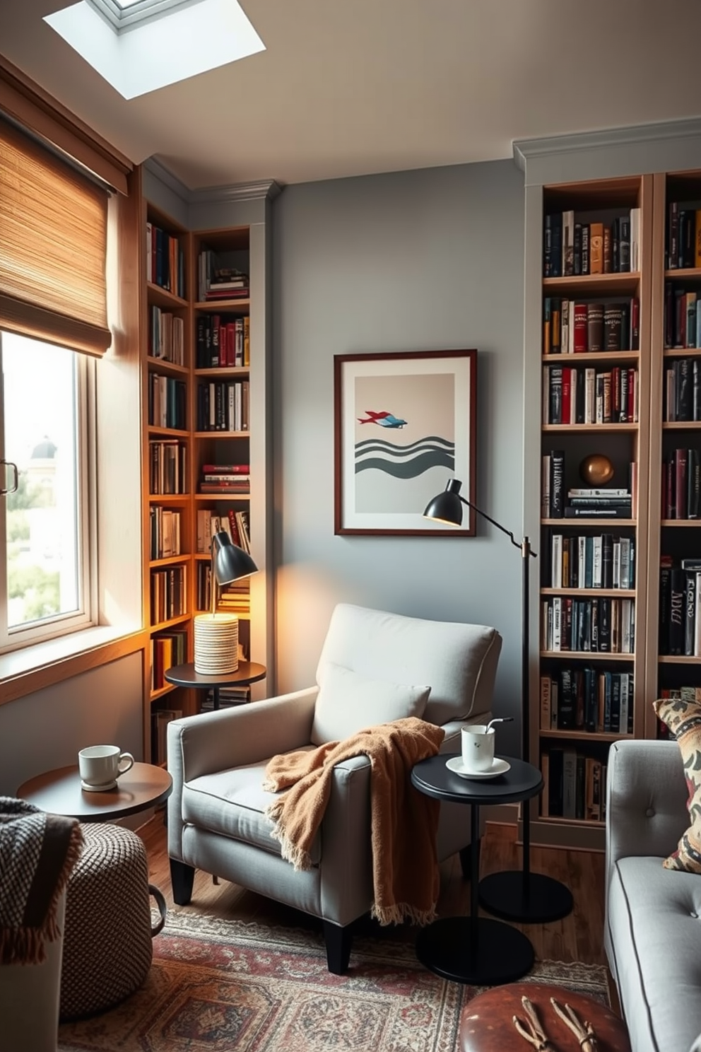 Create a cozy reading nook with bookshelves. The nook features a plush armchair in a soft fabric, nestled beside a large window that lets in natural light. Surrounding the chair are floor-to-ceiling bookshelves filled with an array of books and decorative items. A small side table holds a steaming cup of tea and a warm throw blanket draped over the armchair. Incorporate warm lighting with a stylish floor lamp that casts a soft glow in the evening. The walls are painted in a calming light blue, enhancing the serene atmosphere of the space. For the basement apartment design, create an open-concept layout that maximizes space. Use modular furniture that can be easily rearranged to accommodate different activities and gatherings. Incorporate large windows or light wells to bring in natural light, making the space feel larger and more inviting. Choose a neutral color palette with pops of color through artwork and decorative accents to add personality.